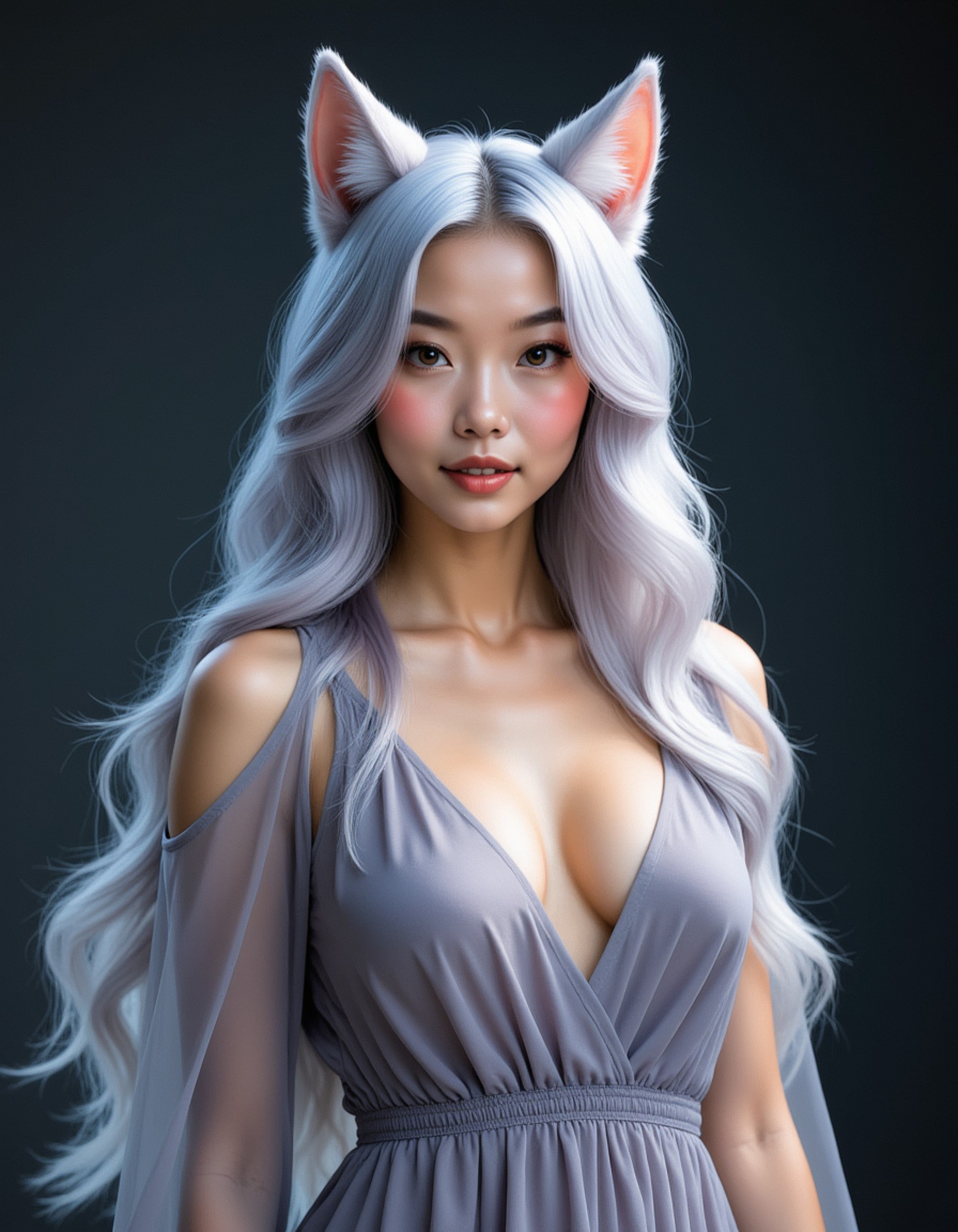 furry character of wolf fursona of model with elegant lupine features, silver and white fur, and alert pointed ears, wearing flowing bohemian dress, mysterious expression, detailed digital furry art style, moonlit colors