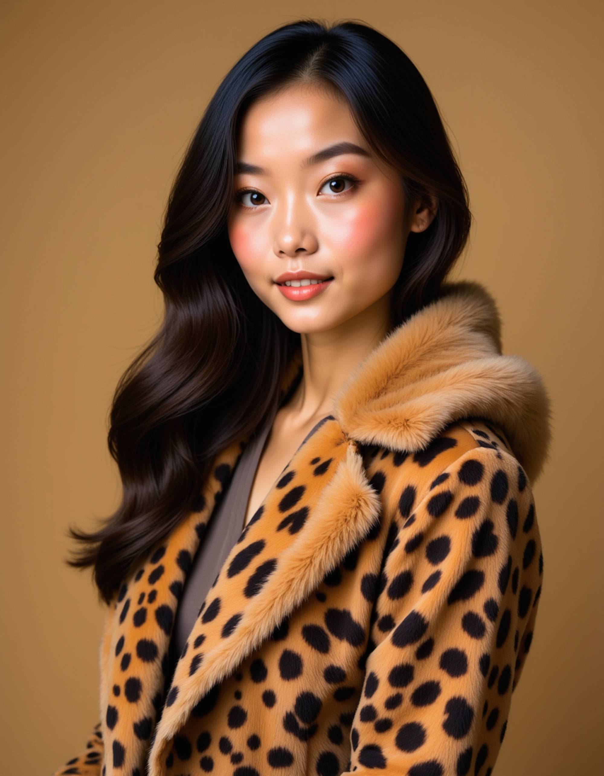 furry character of leopard fursona of model with graceful big cat features, golden spotted fur, and sleek rounded ears, wearing elegant evening wear, confident expression, detailed digital furry art style, warm golden tones