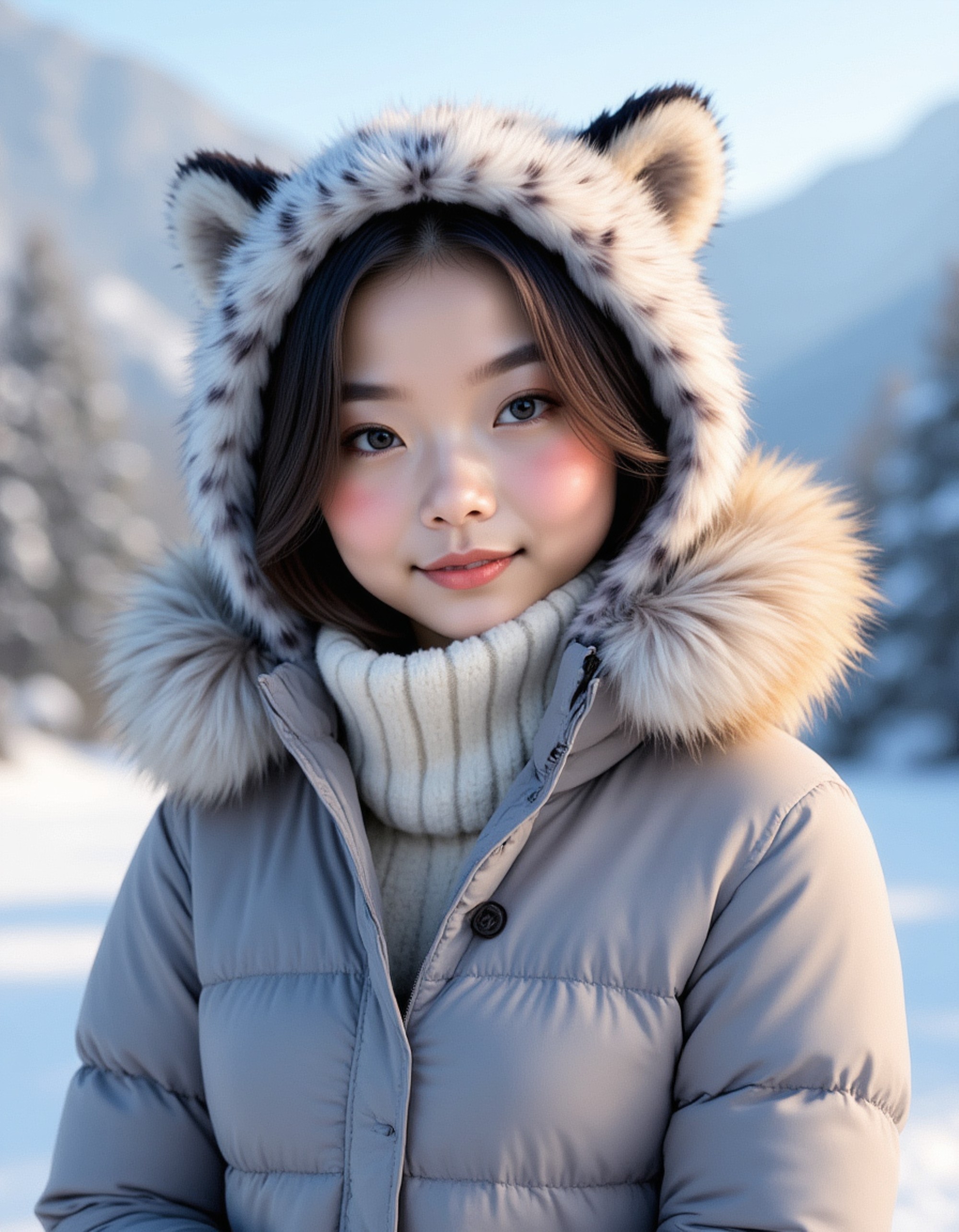 furry character of snow leopard fursona of model with beautiful wild cat features, thick white and gray spotted fur, and tufted ears, wearing cozy mountain clothing, serene expression, detailed digital furry art style, arctic colors