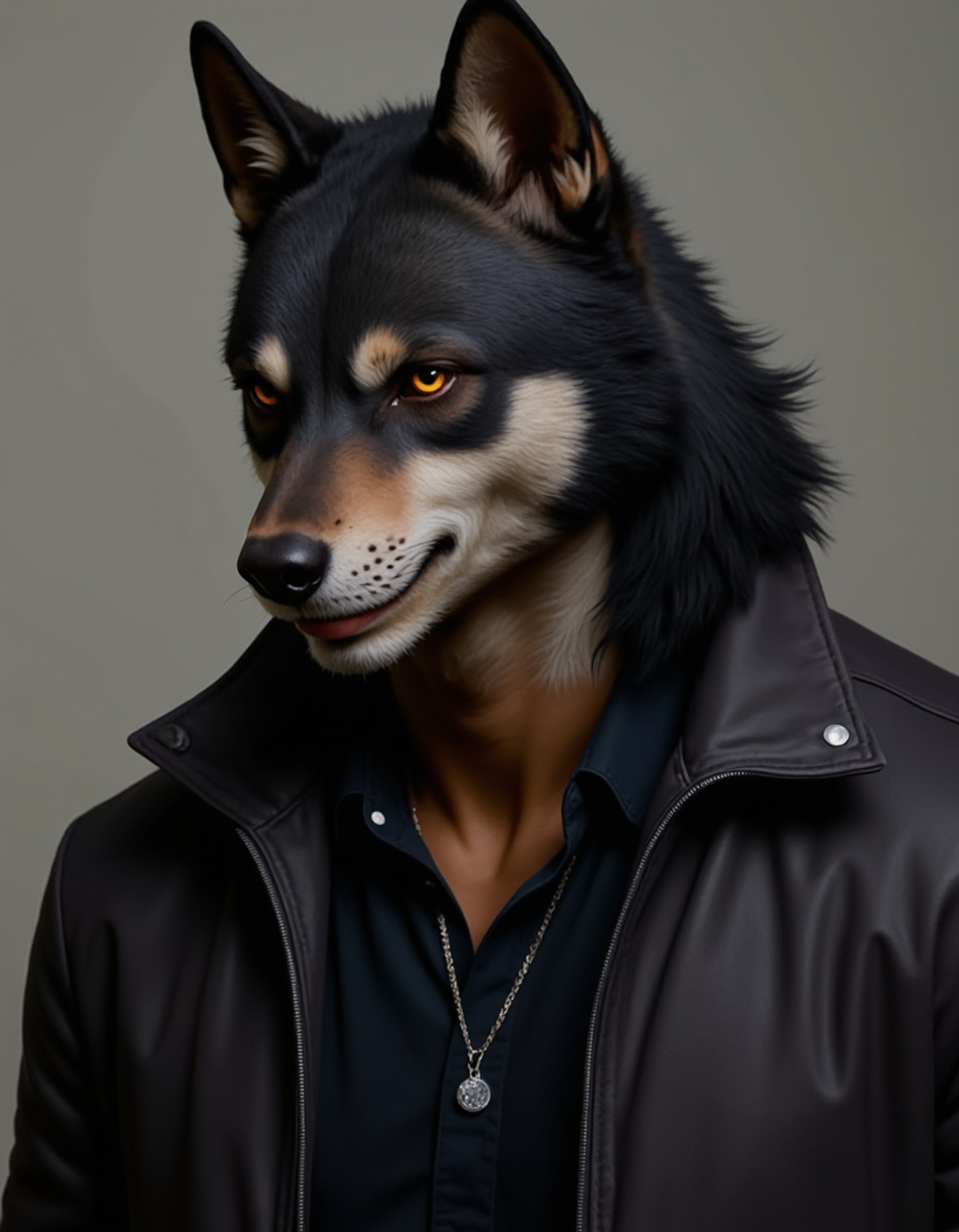furry character of wolf fursona of model with powerful lupine features, dark gray and black fur, and sharp pointed ears, wearing rugged leather jacket, intense expression, detailed digital furry art style, stormy colors