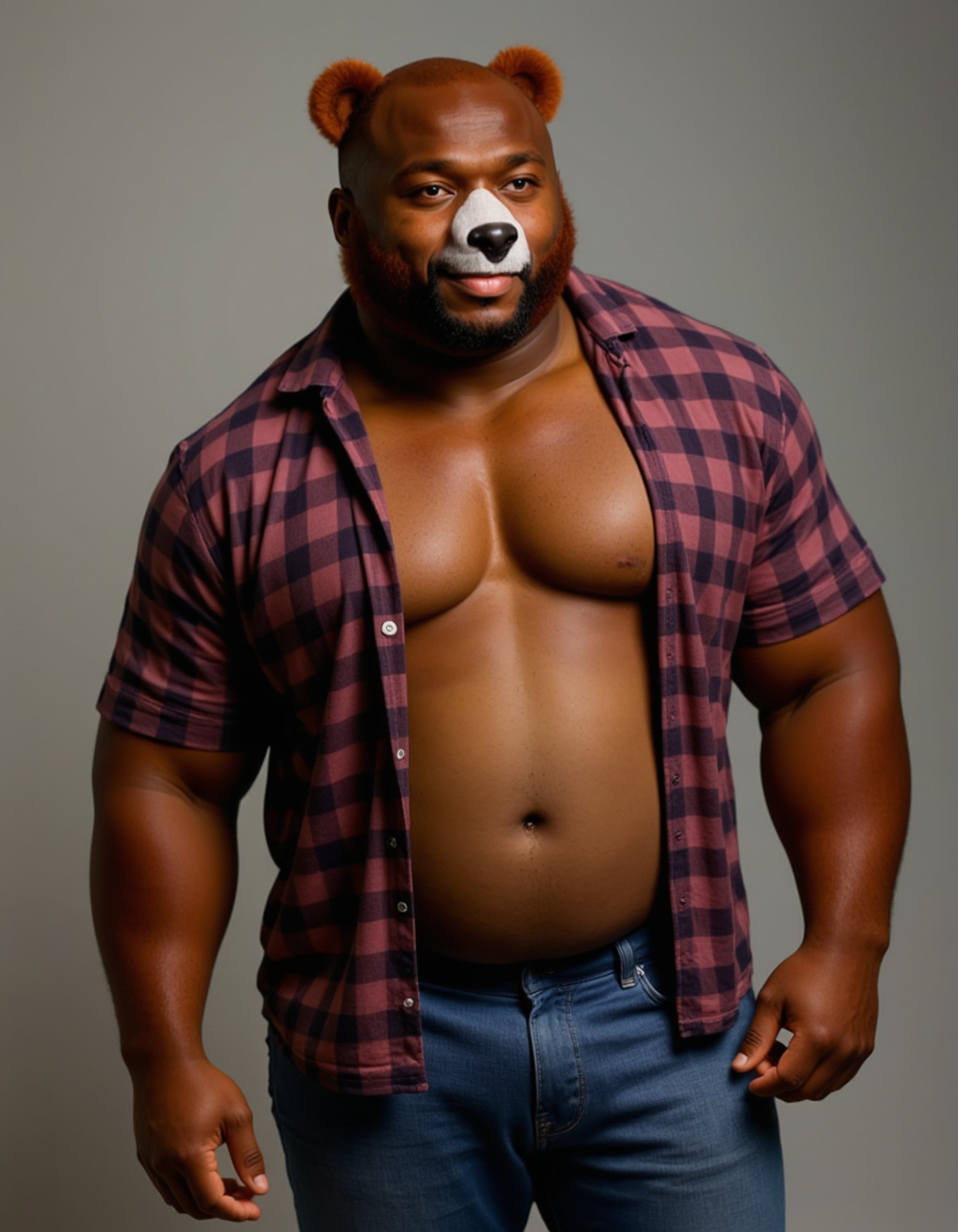 furry character of bear fursona of model with strong ursine features, thick brown fur, and rounded ears, wearing flannel shirt and jeans, gentle giant expression, detailed digital furry art style, forest tones