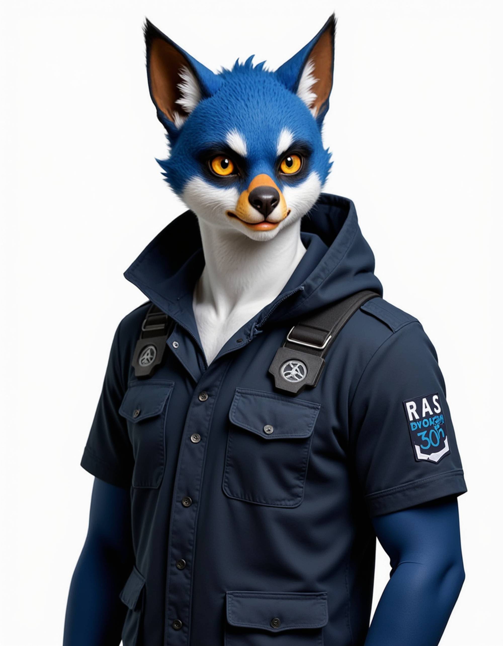 furry character of falcon fursona of model with sharp avian features, sleek feathered body, and keen eyes, wearing tactical gear, focused expression, detailed digital furry art style, sky blues and whites