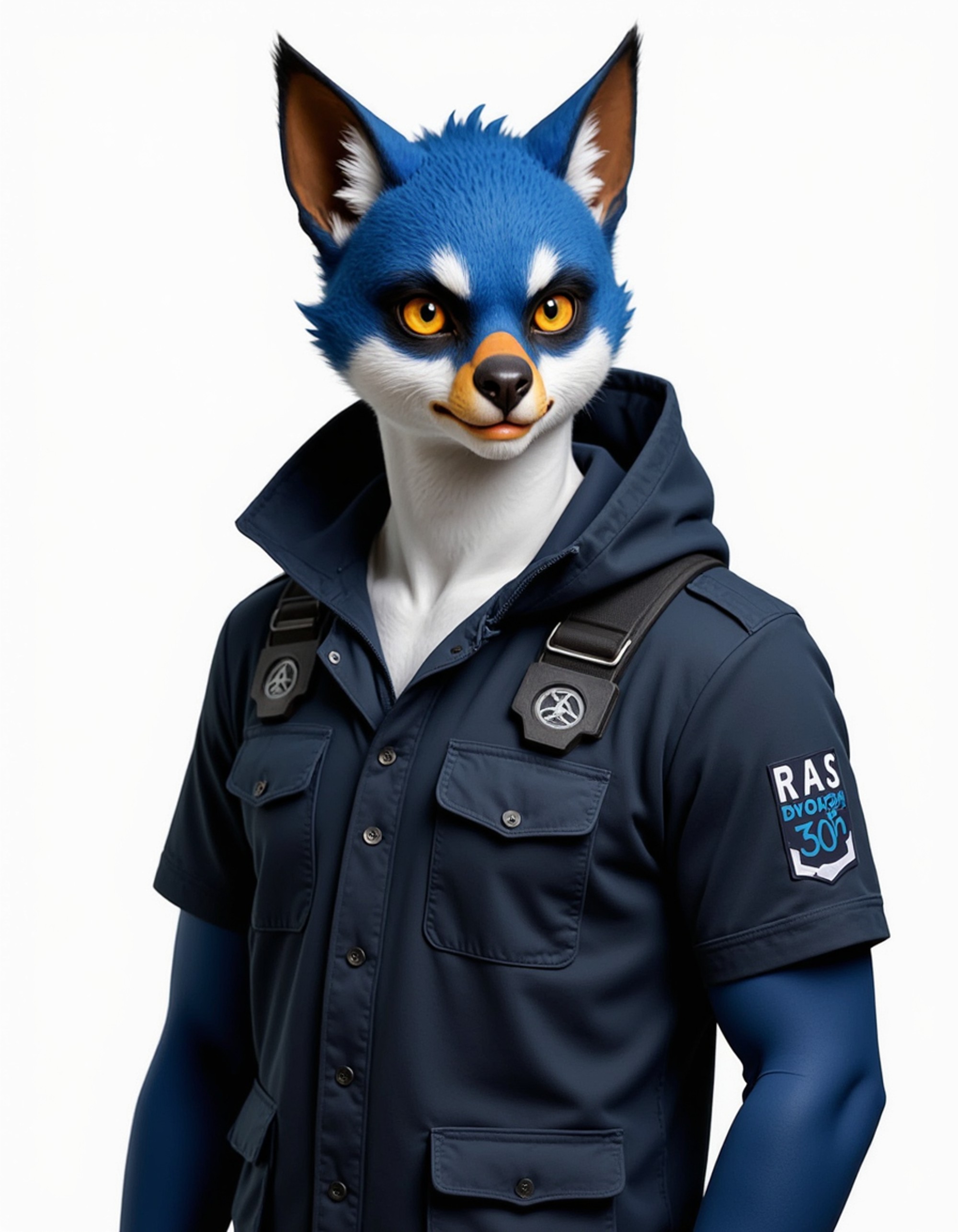 furry character of falcon fursona of model with sharp avian features, sleek feathered body, and keen eyes, wearing tactical gear, focused expression, detailed digital furry art style, sky blues and whites