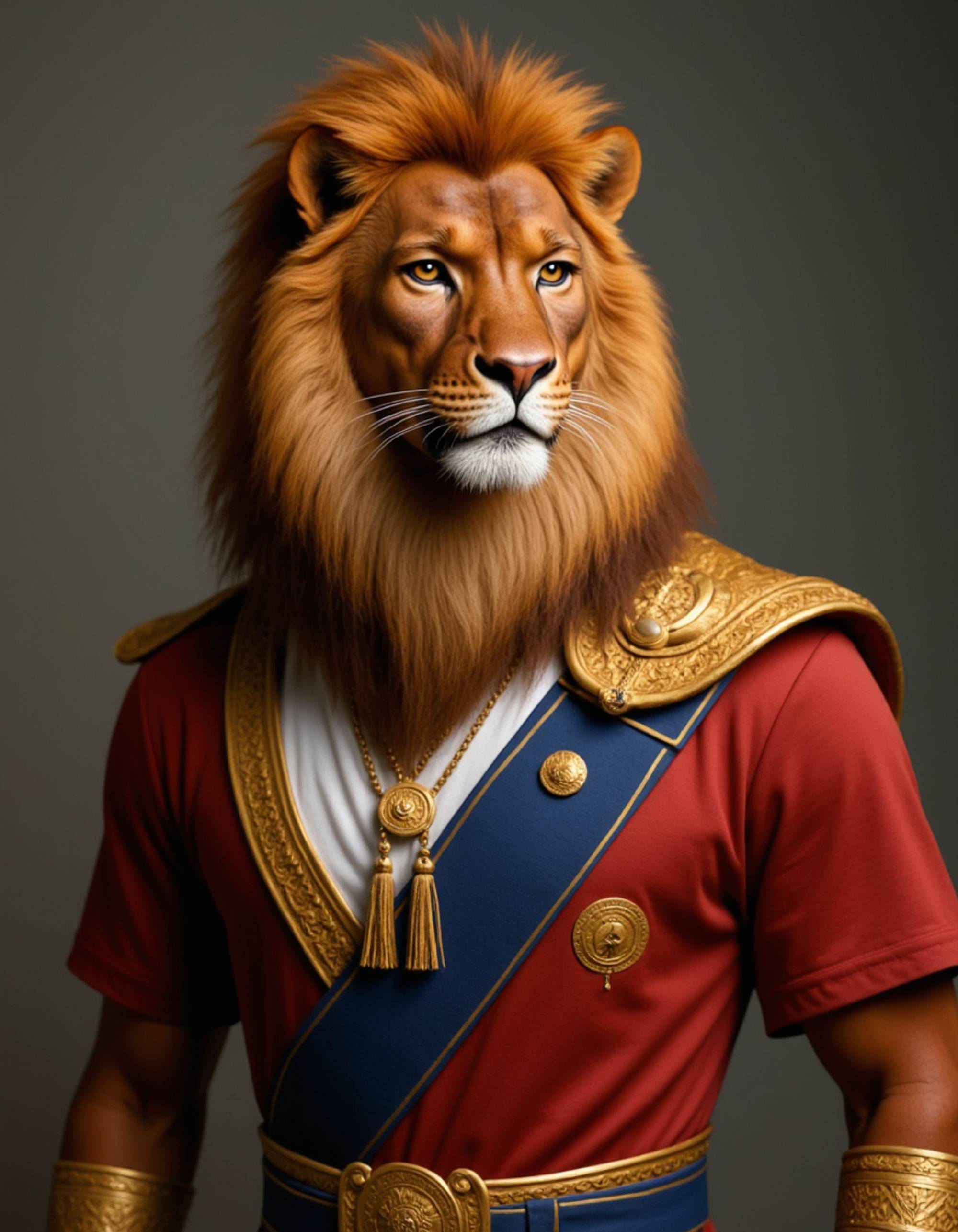 furry character of lion fursona of model with majestic feline features, golden mane, and noble expression, wearing royal ceremonial attire, commanding presence, detailed digital furry art style, regal golds