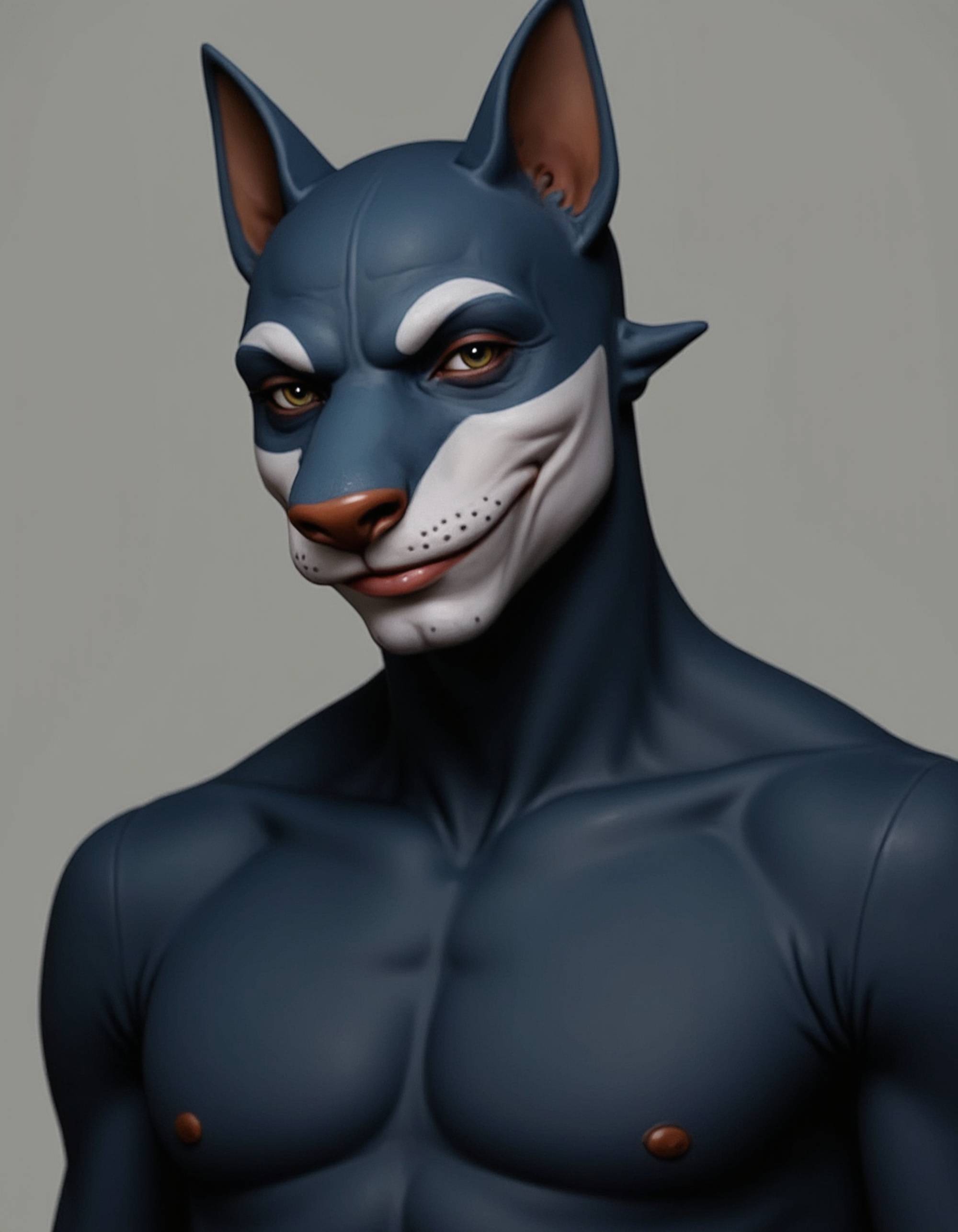 furry character of shark fursona of model with fierce aquatic features, smooth gray skin, and fin details, wearing sleek wetsuit, predatory expression, detailed digital furry art style, deep ocean blues