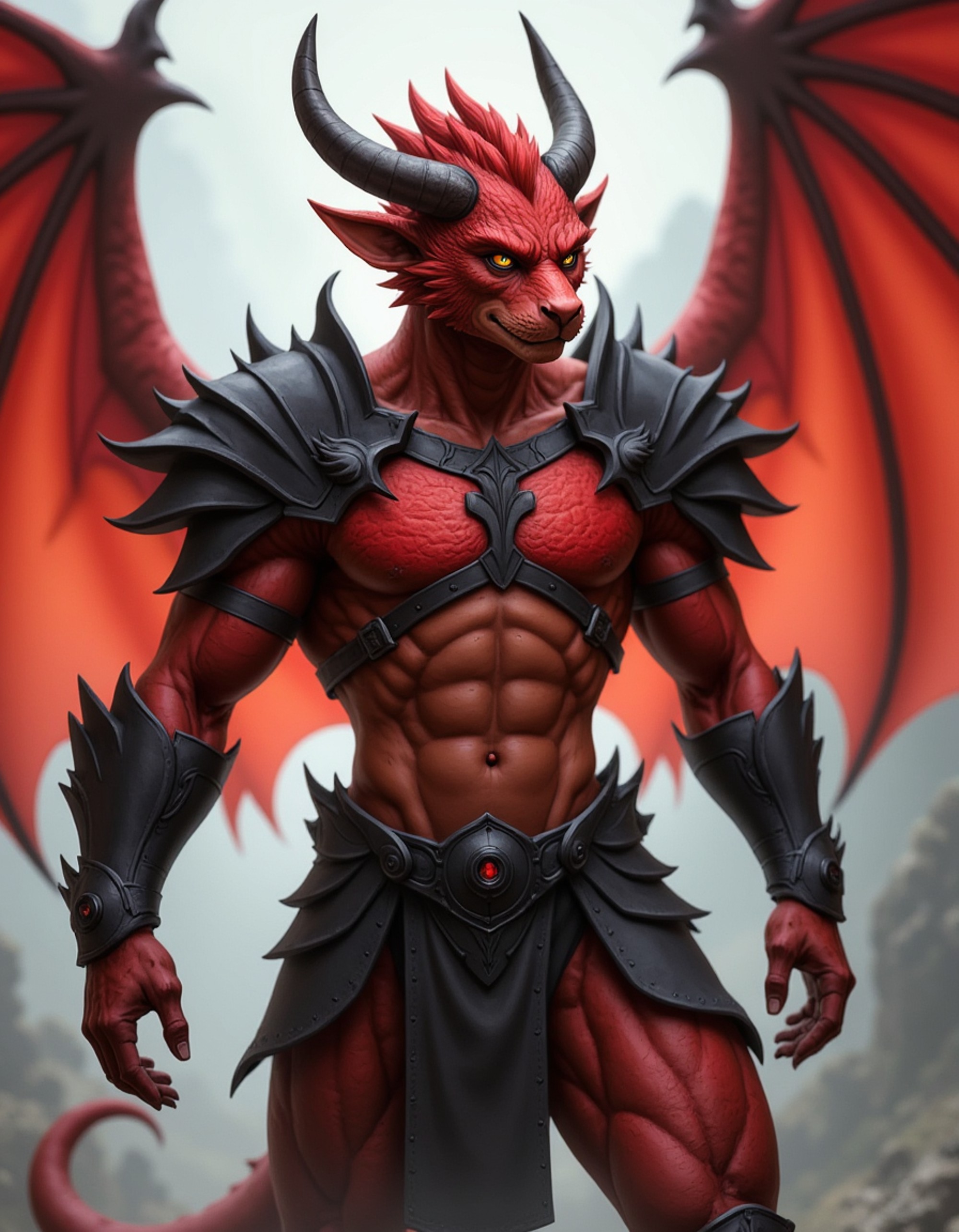 furry character of dragon fursona of model with imposing dragon features, crimson red scales, massive horns, and powerful wings, wearing dark armor plating, fierce expression, detailed digital furry art style, fiery reds and blacks
