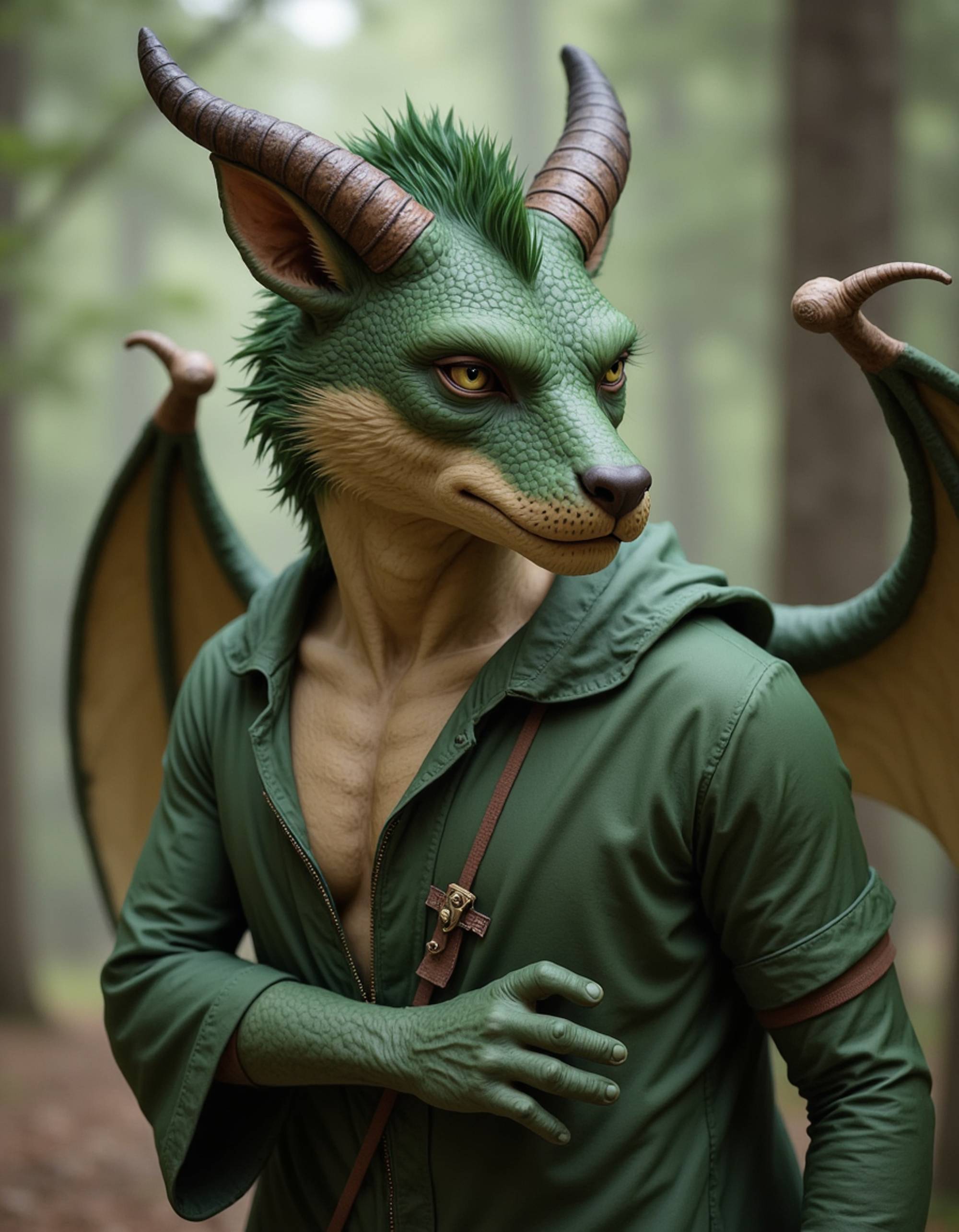 furry character of dragon fursona of model with ancient dragon features, emerald green scales, curved horns, and torn wing membranes, wearing mystical robes, wise expression, detailed digital furry art style, forest greens and gold