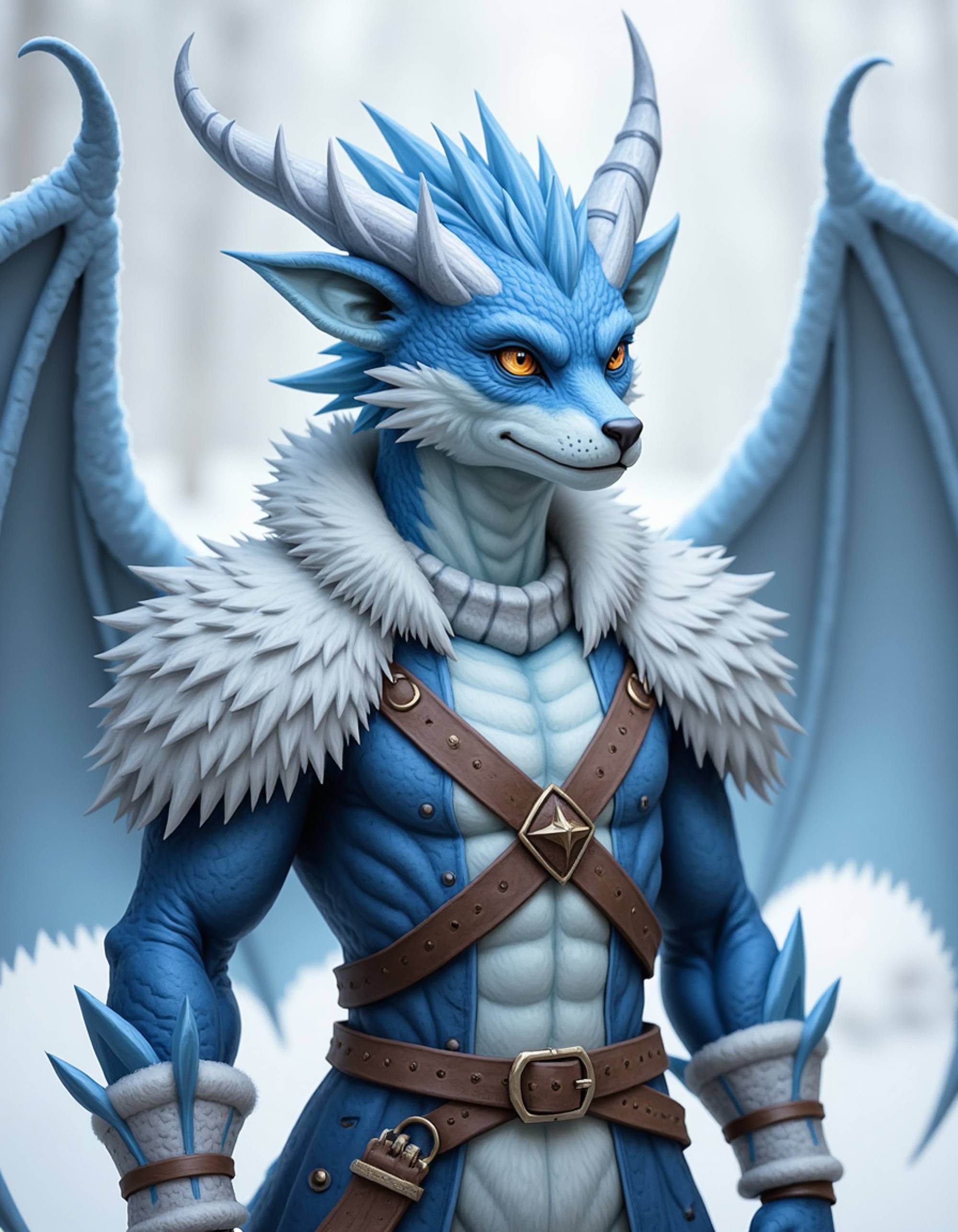 furry character of dragon fursona of model with ice dragon features, crystalline blue scales, icicle-like horns, and frost-covered wings, wearing Nordic warrior gear, stoic expression, detailed digital furry art style, arctic blues and whites