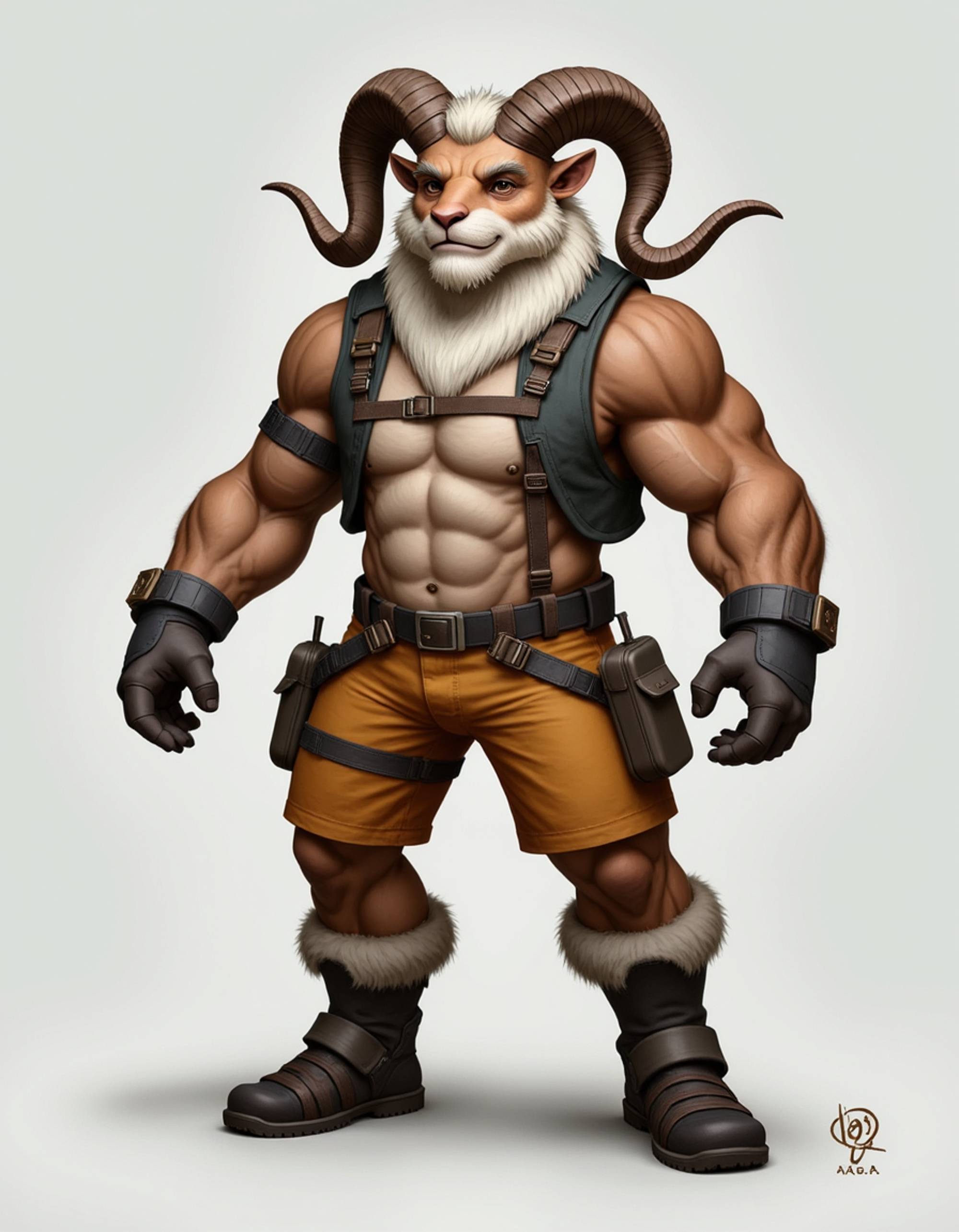 furry character of ram fursona of model with powerful ovine features, curled horns, woolly fur, and strong build, wearing mountain climbing gear, determined expression, detailed digital furry art style, earth and stone tones