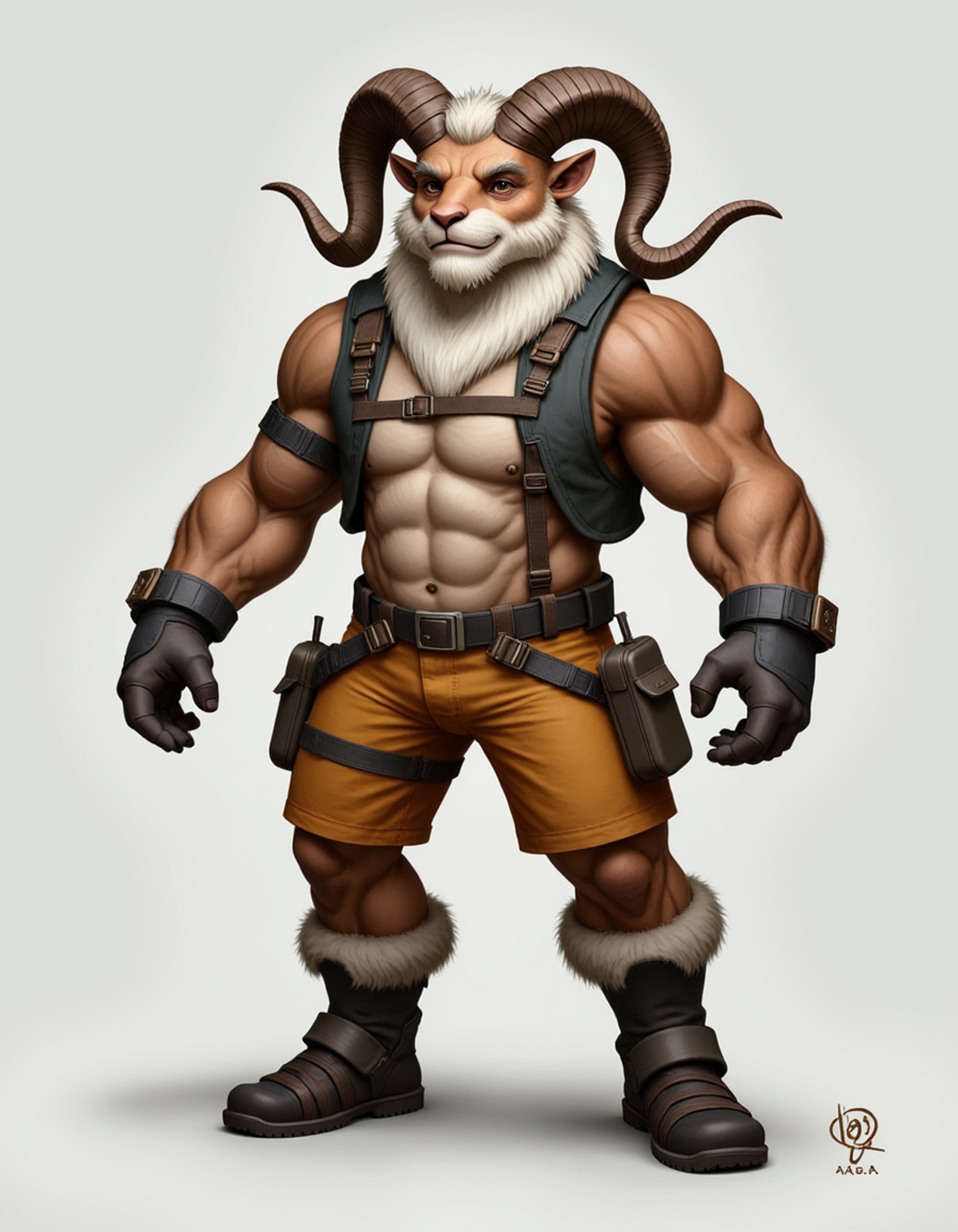 furry character of ram fursona of model with powerful ovine features, curled horns, woolly fur, and strong build, wearing mountain climbing gear, determined expression, detailed digital furry art style, earth and stone tones