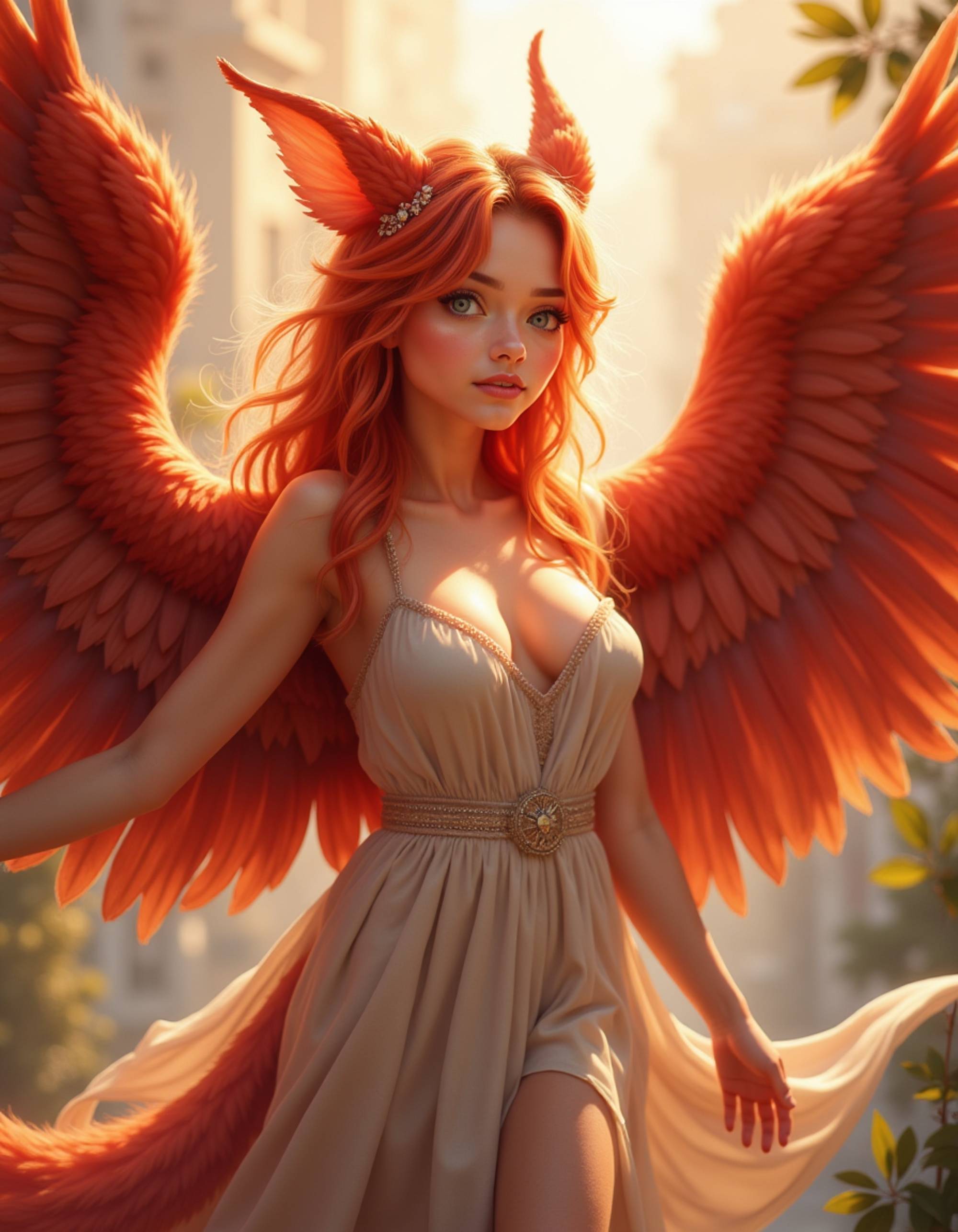furry character of phoenix fursona of model with elegant avian features, brilliant red and orange plumage, and graceful wing details, wearing flowing silk dress, radiant expression, detailed digital furry art style, sunset colors