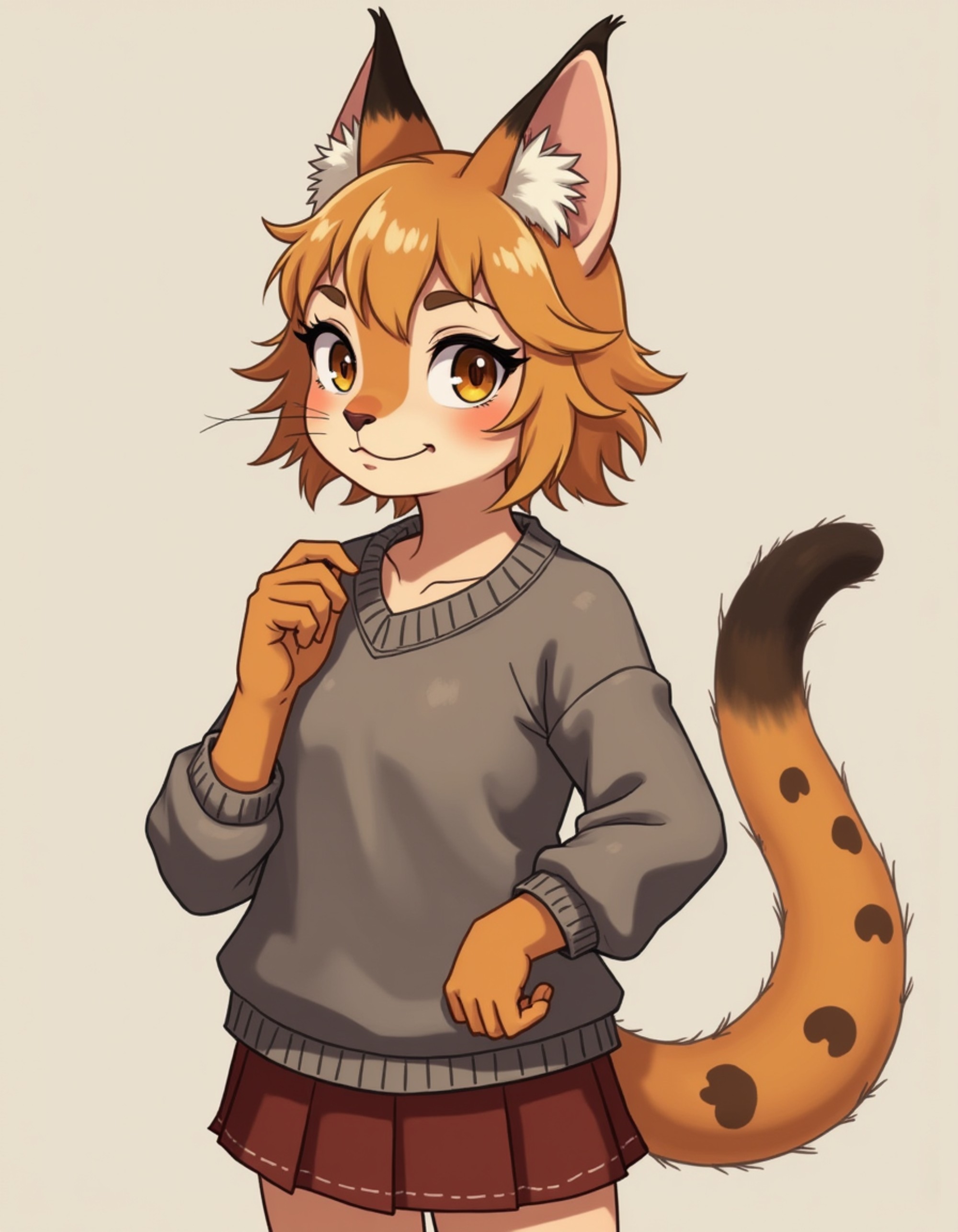 furry character of lynx fursona of model with beautiful wild cat features, tufted ears, spotted tan fur, and alert expression, wearing cozy sweater and skirt, thoughtful expression, detailed digital furry art style, autumn tones