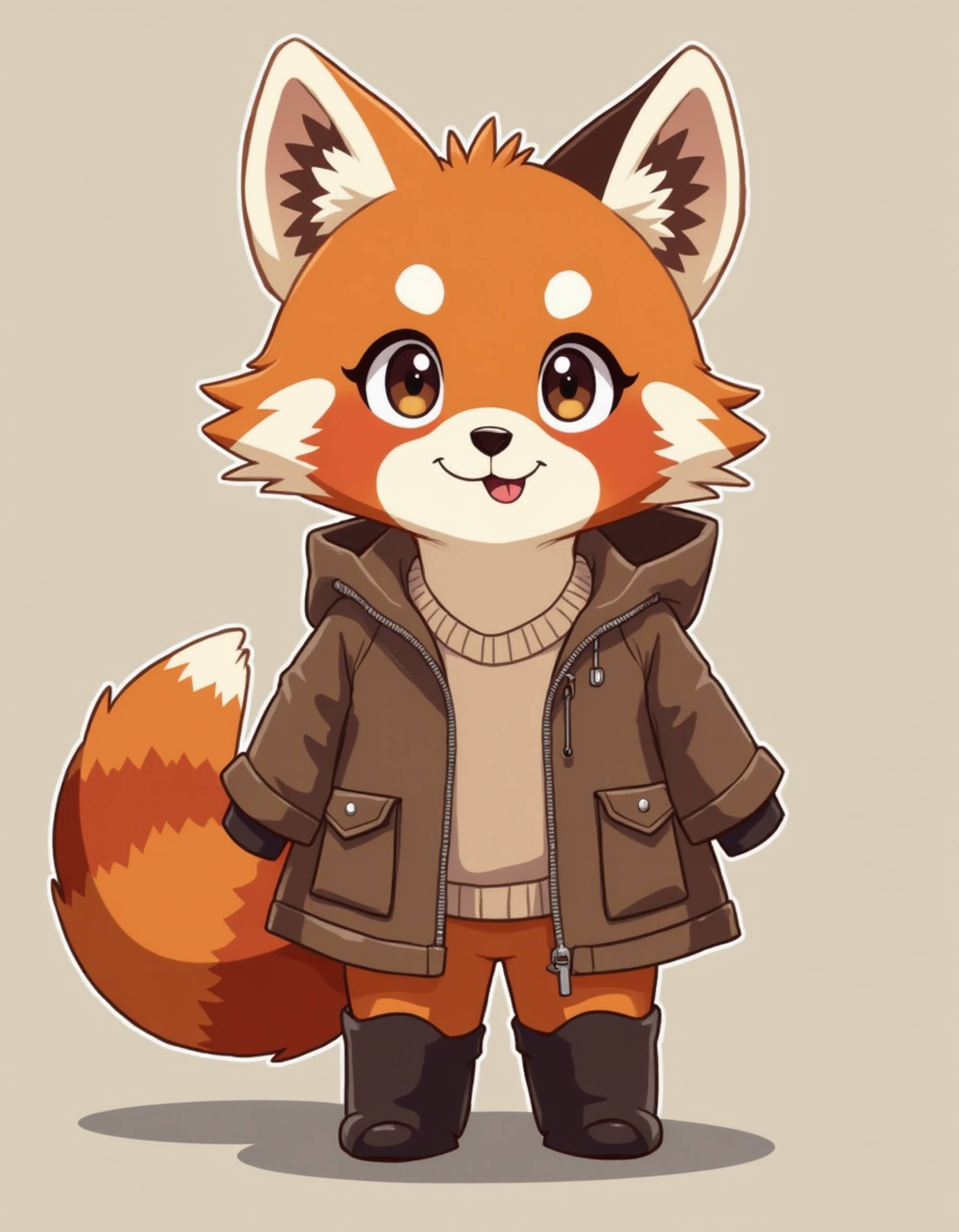 furry character of red panda fursona of model with adorable features, russet and cream fur, and ringed tail, wearing kawaii fashion outfit, cheerful expression, detailed digital furry art style, warm earth colors