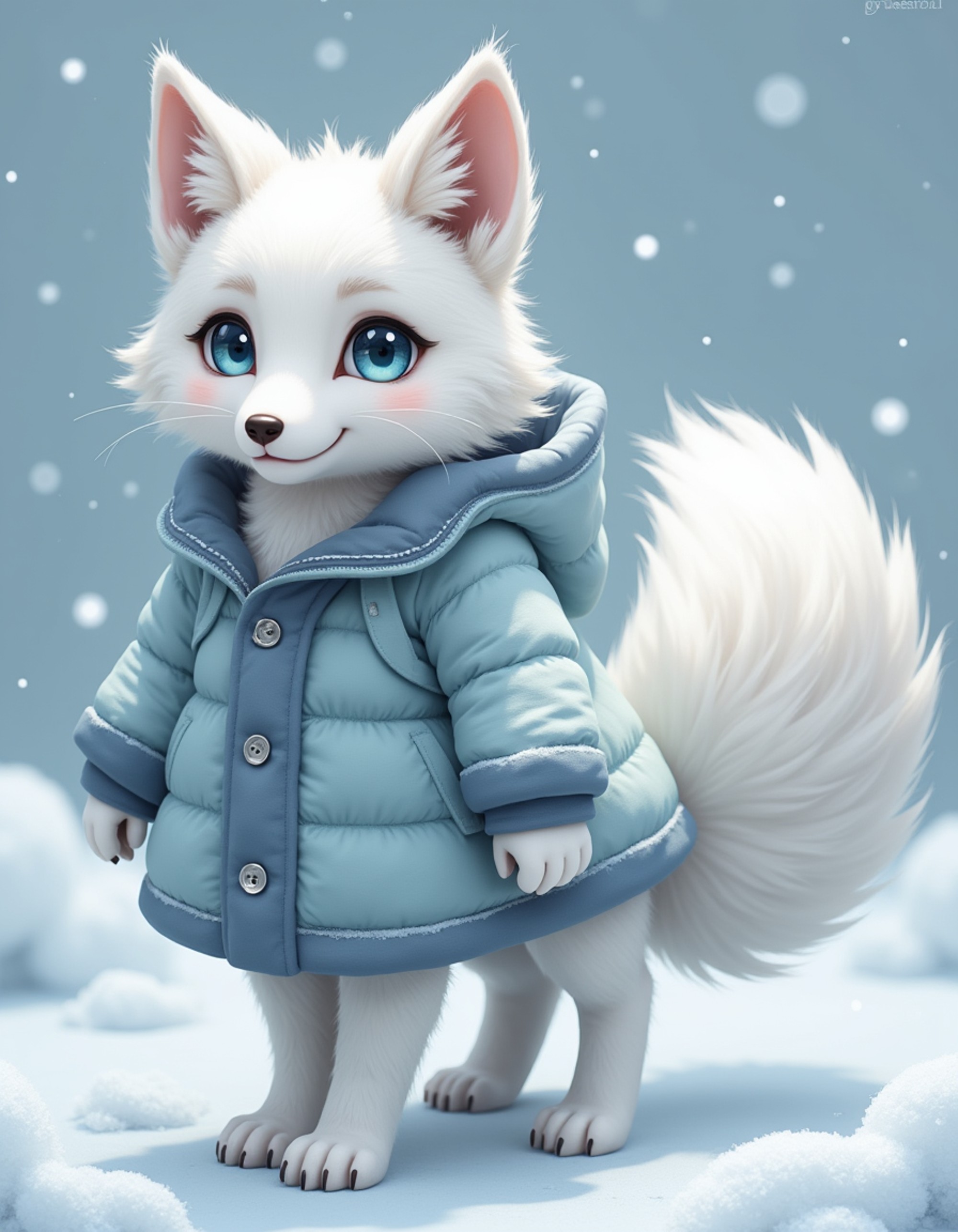 furry character of arctic fox fursona of model with delicate vulpine features, pristine white winter coat, and fluffy tail, wearing fashionable winter coat, gentle expression, detailed digital furry art style, icy blues and whites