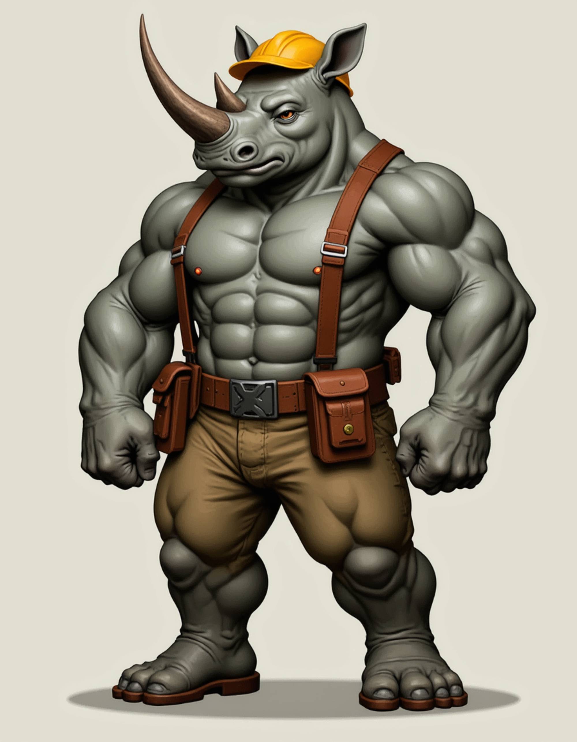 furry character of rhinoceros fursona of model with powerful pachyderm features, thick gray skin, prominent horn, and sturdy build, wearing construction work gear, determined expression, detailed digital furry art style, industrial grays