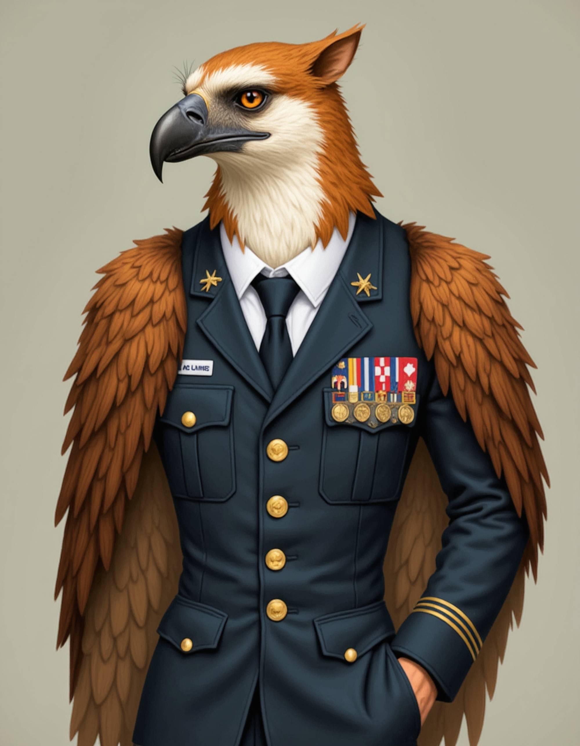 furry character of eagle fursona of model with majestic raptor features, brown and white feathers, sharp beak, and powerful wings, wearing military uniform, proud expression, detailed digital furry art style, patriotic colors
