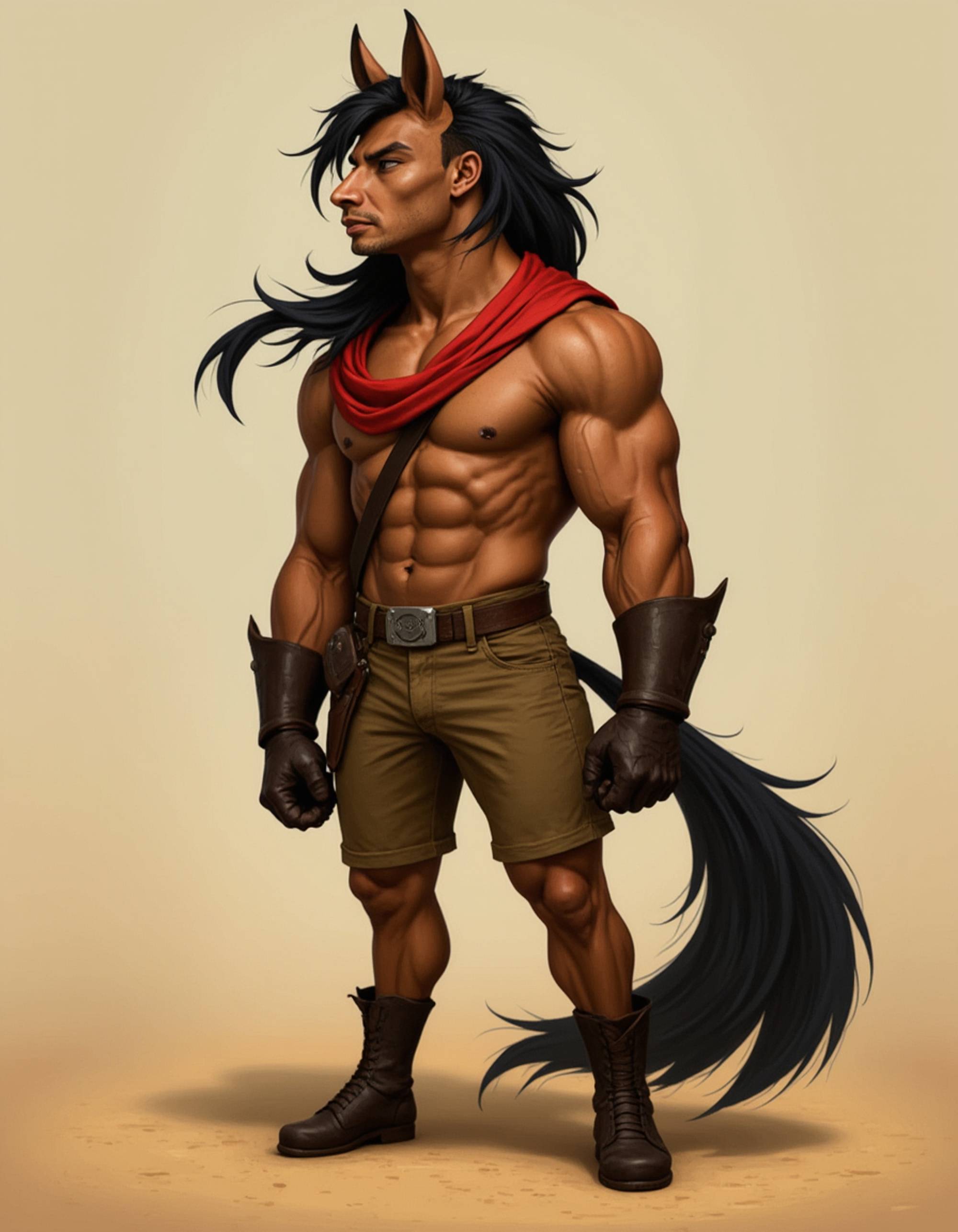 furry character of stallion fursona of model with noble equine features, flowing black mane, and muscular build, wearing western cowboy attire, confident expression, detailed digital furry art style, desert tones