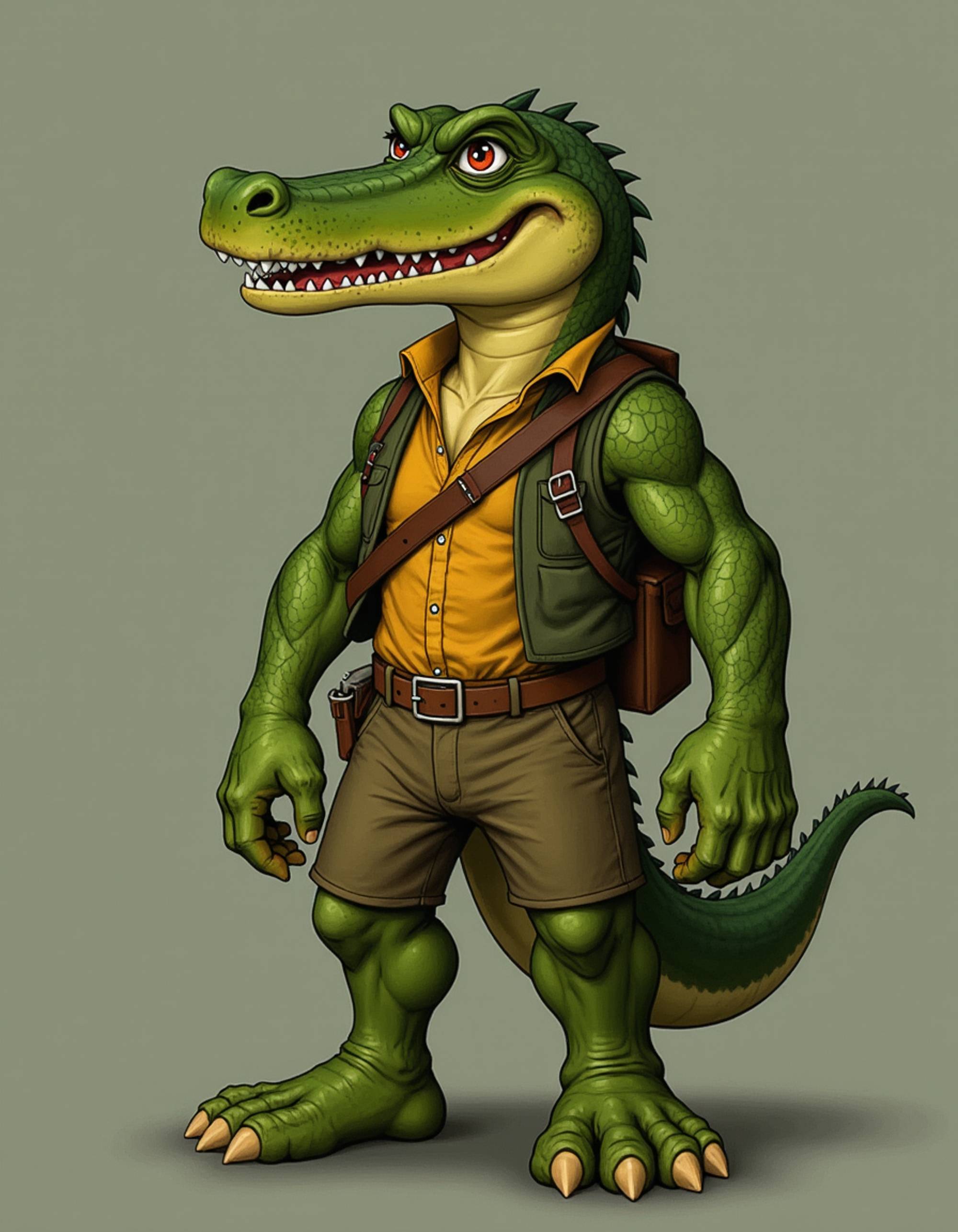 furry character of crocodile fursona of model with formidable reptilian features, scaled green hide, and powerful jaw, wearing tropical explorer outfit, cunning expression, detailed digital furry art style, swamp greens