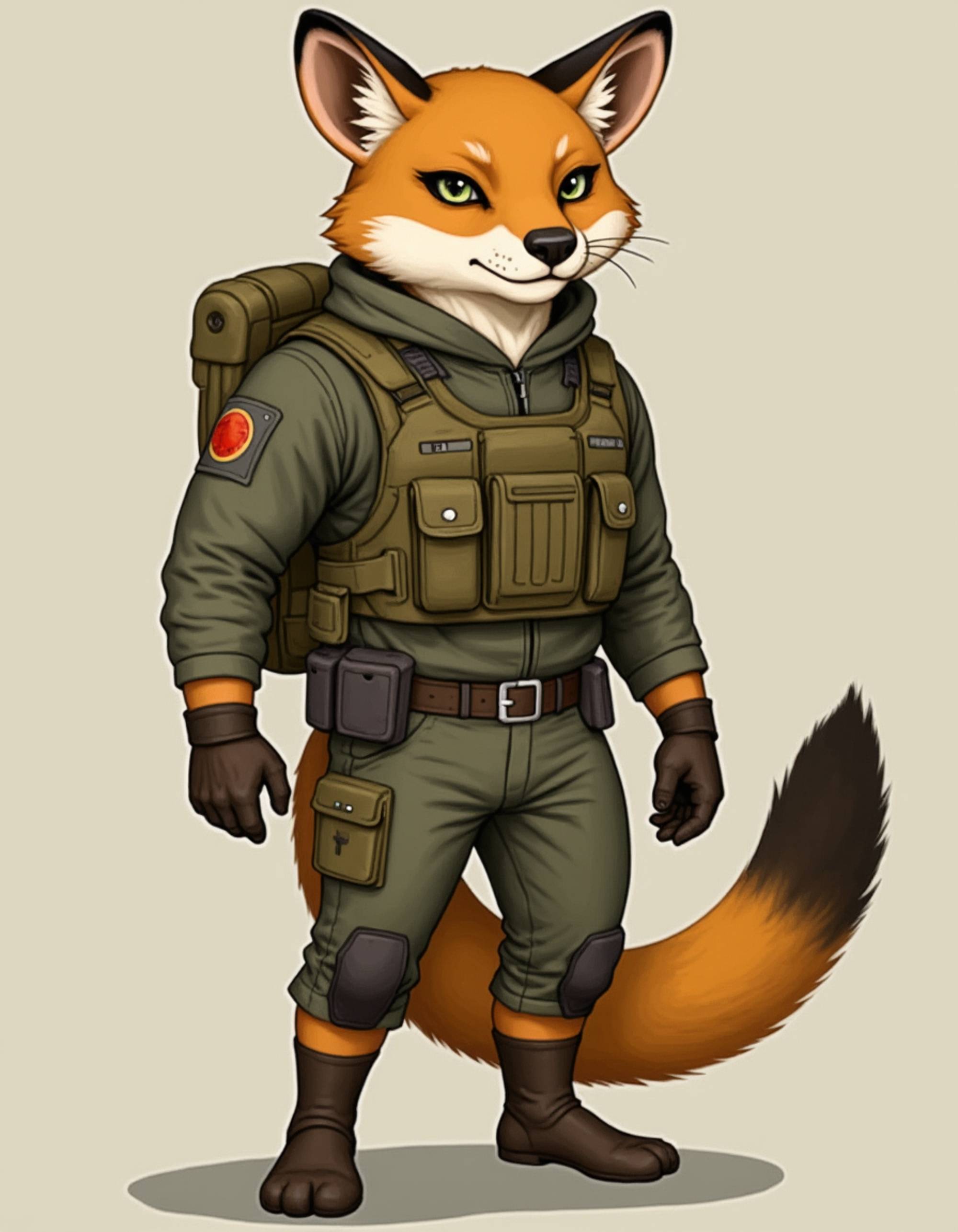 furry character of mongoose fursona of model with agile small carnivore features, sleek brown fur, and alert posture, wearing tactical combat gear, vigilant expression, detailed digital furry art style, sandy browns