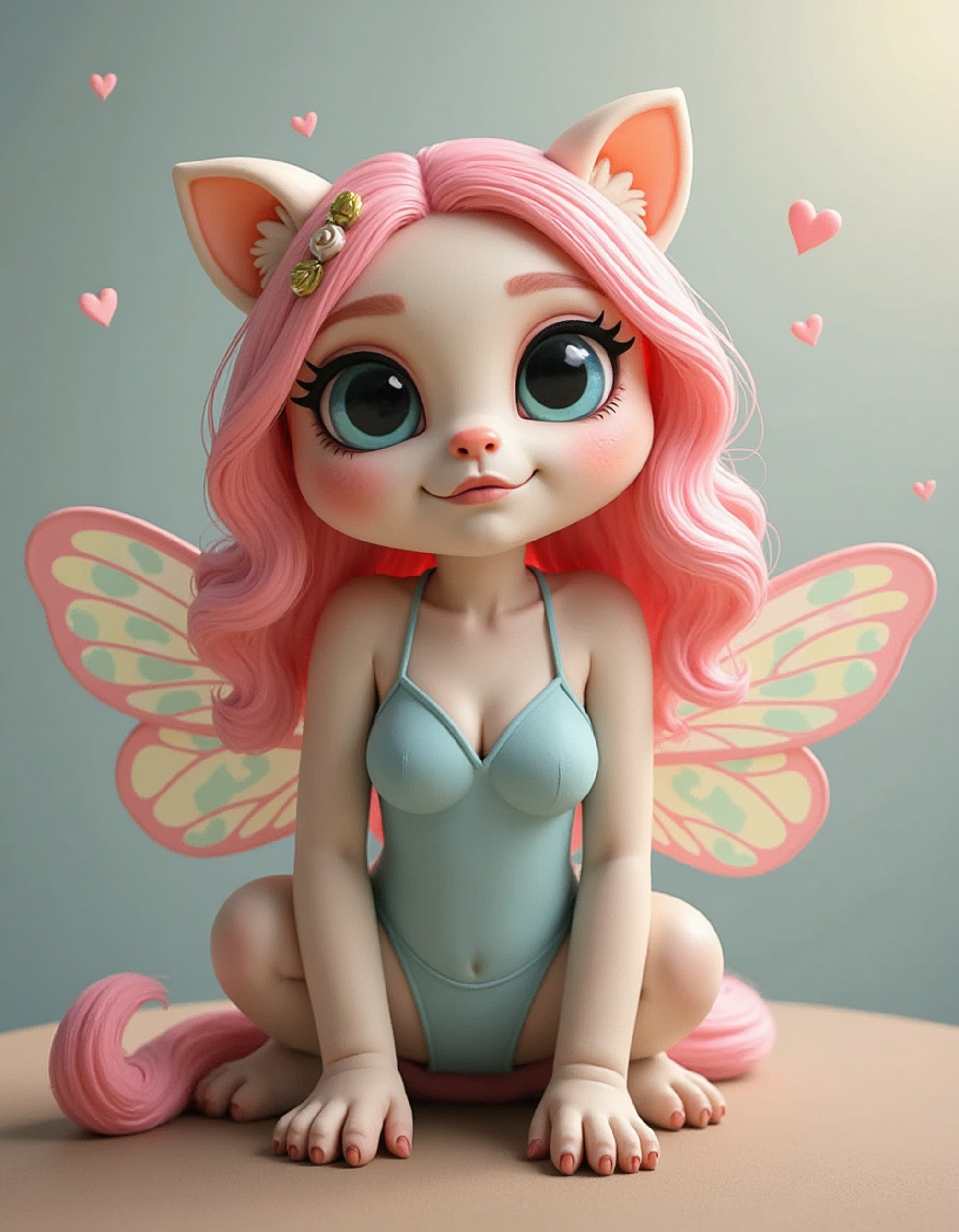 furry character of butterfly fursona of model with delicate insect features, iridescent wing patterns, and graceful antennae, wearing ethereal fairy dress, dreamy expression, detailed digital furry art style, rainbow pastels