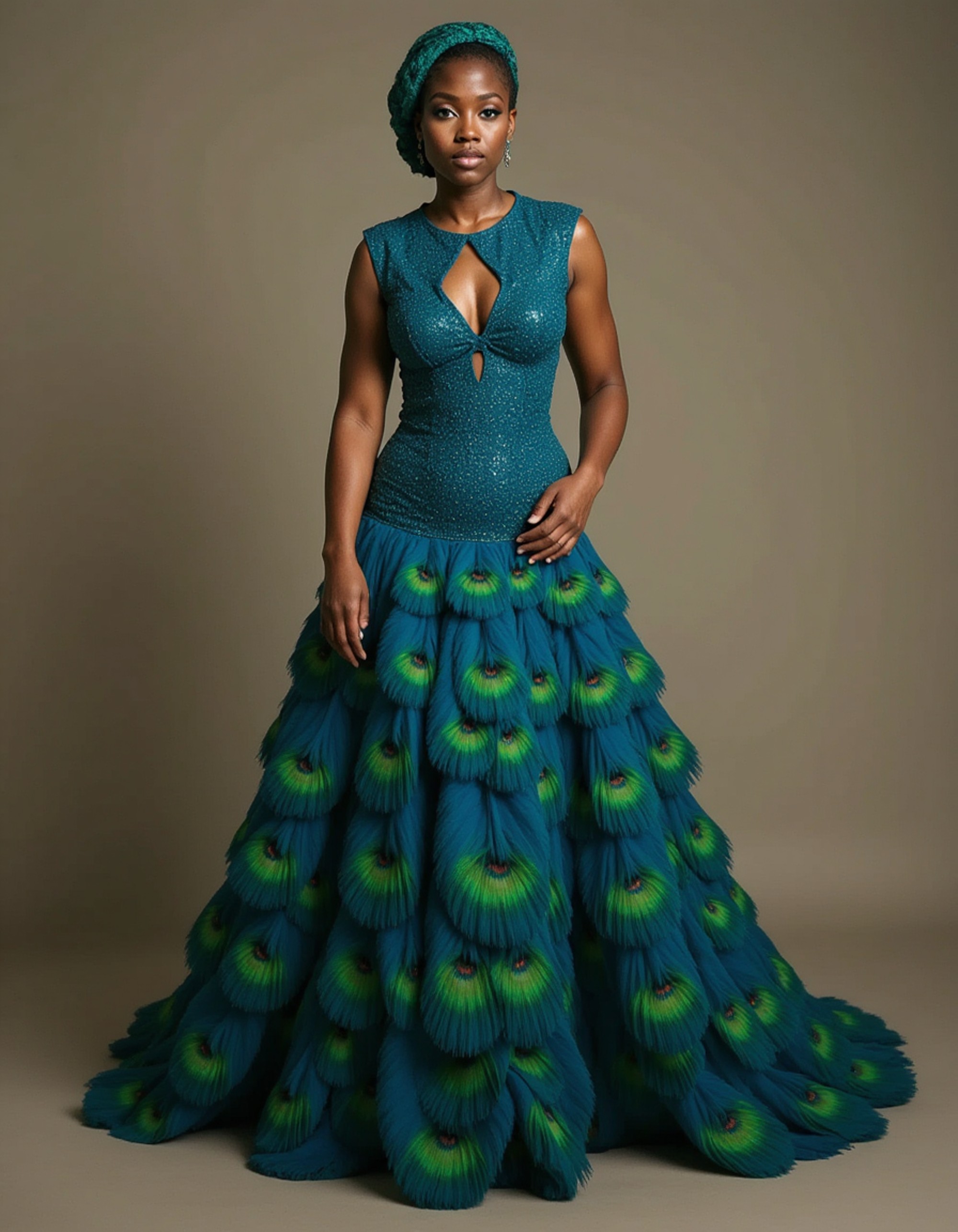 furry character of peacock fursona of model with stunning avian features, vibrant blue and green plumage, and ornate tail feathers, wearing glamorous evening gown, proud expression, detailed digital furry art style, jewel tones