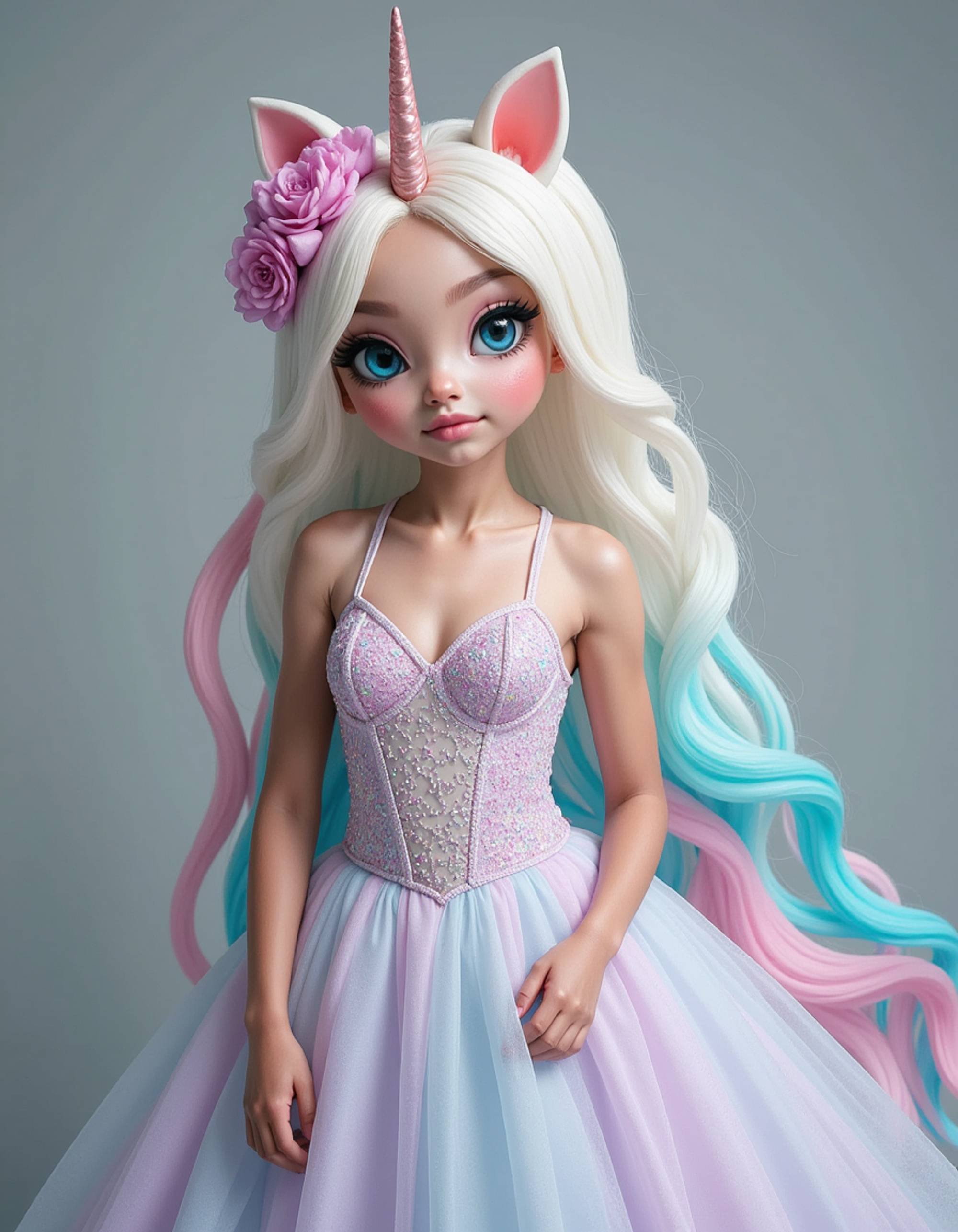 furry character of unicorn fursona of model with mythical equine features, pearlescent white coat, flowing rainbow mane, and spiral horn, wearing magical princess dress, enchanted expression, detailed digital furry art style, holographic colors