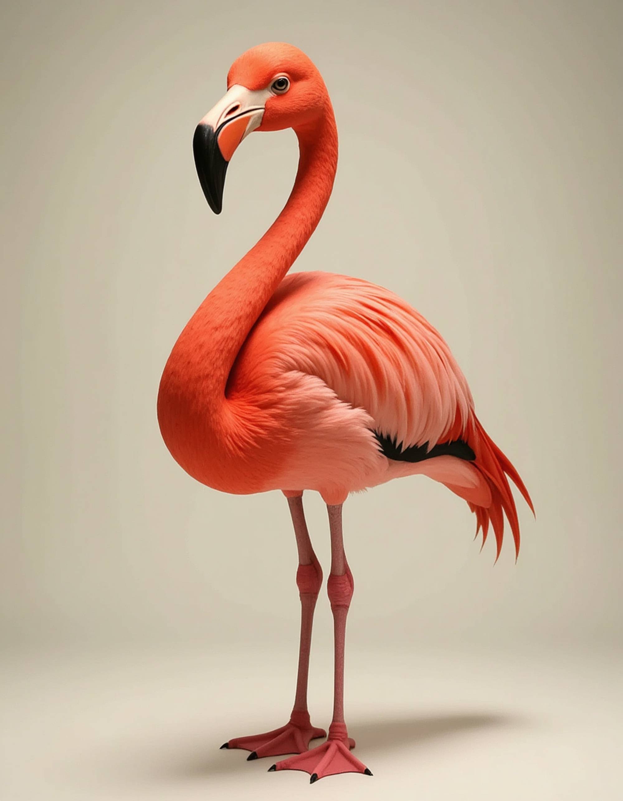 furry character of flamingo fursona of model with elegant wading bird features, pink feathers, long graceful neck, and slender legs, wearing tropical resort wear, sophisticated expression, detailed digital furry art style, coral pinks and sunset oranges