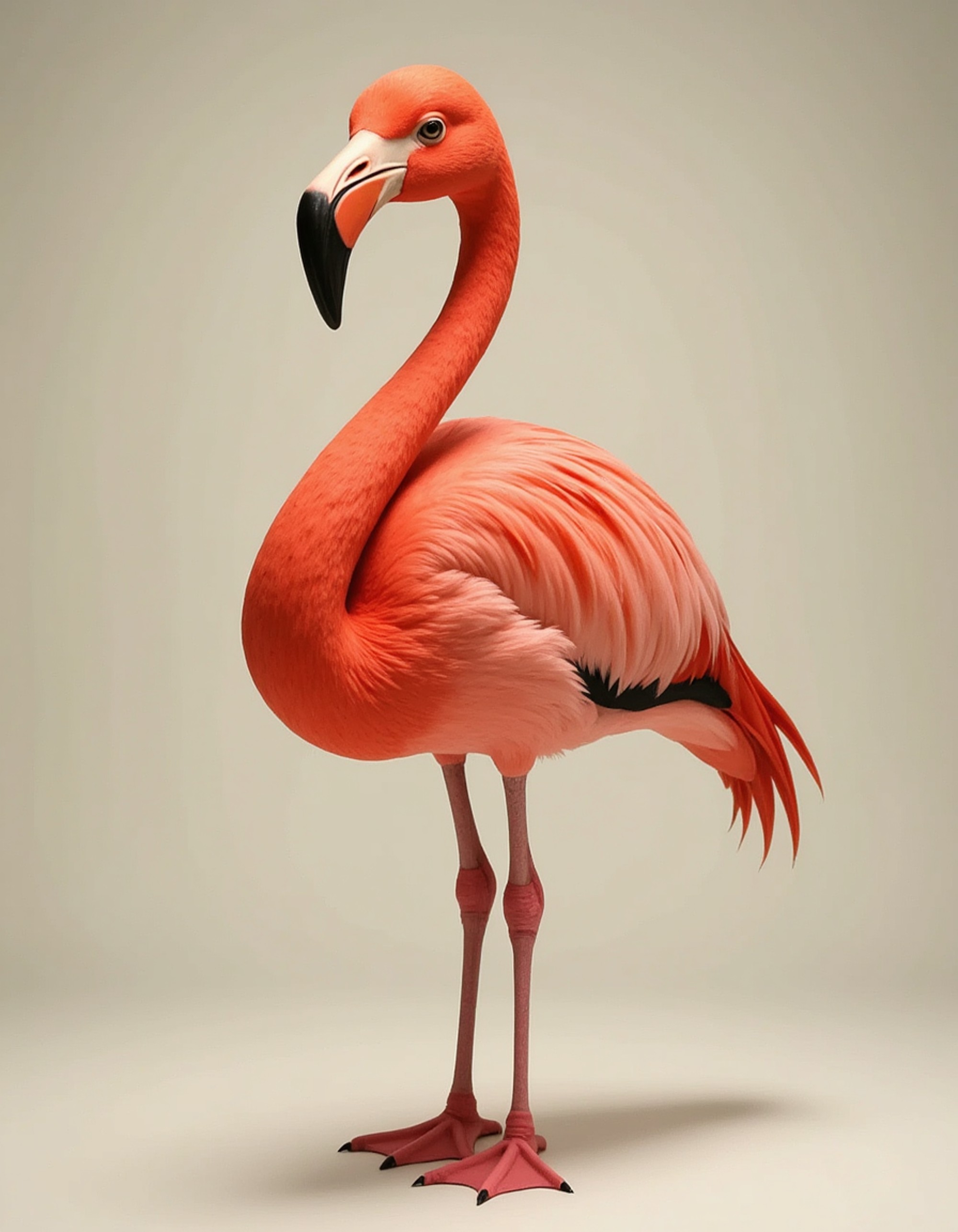 furry character of flamingo fursona of model with elegant wading bird features, pink feathers, long graceful neck, and slender legs, wearing tropical resort wear, sophisticated expression, detailed digital furry art style, coral pinks and sunset oranges