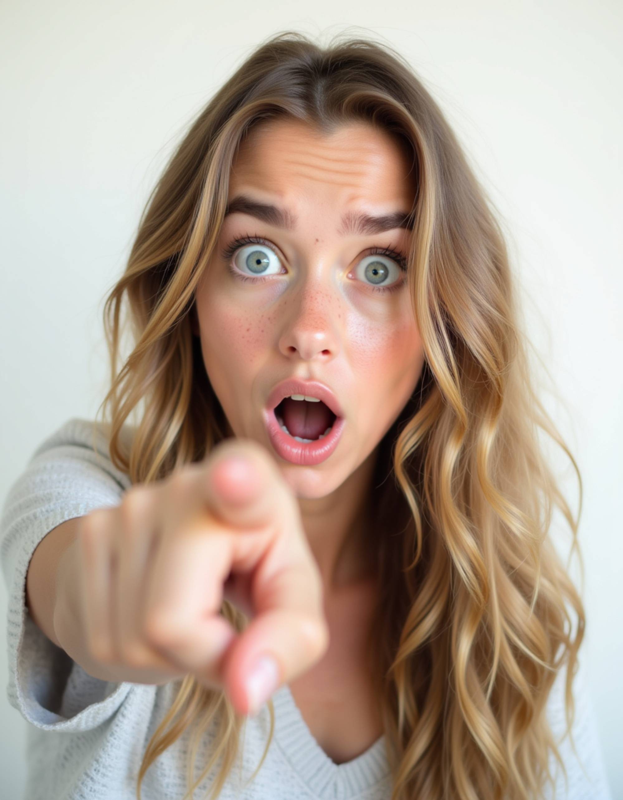 exaggerated surprised model with wide eyes and open mouth, pointing finger at camera, blank background