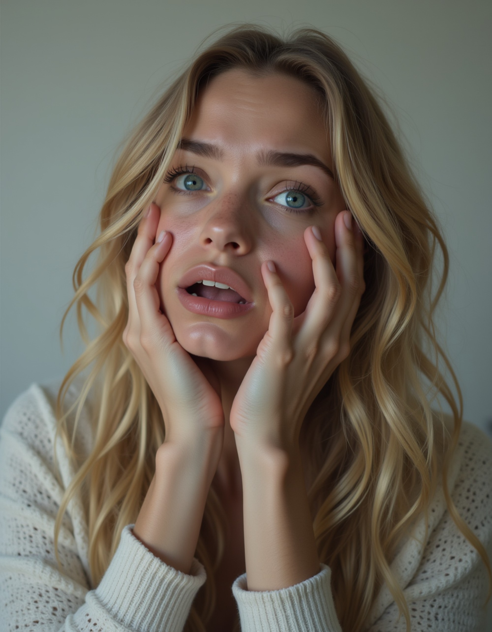 model with dramatic crying face, tears streaming down cheeks, hands covering face partially, blank background