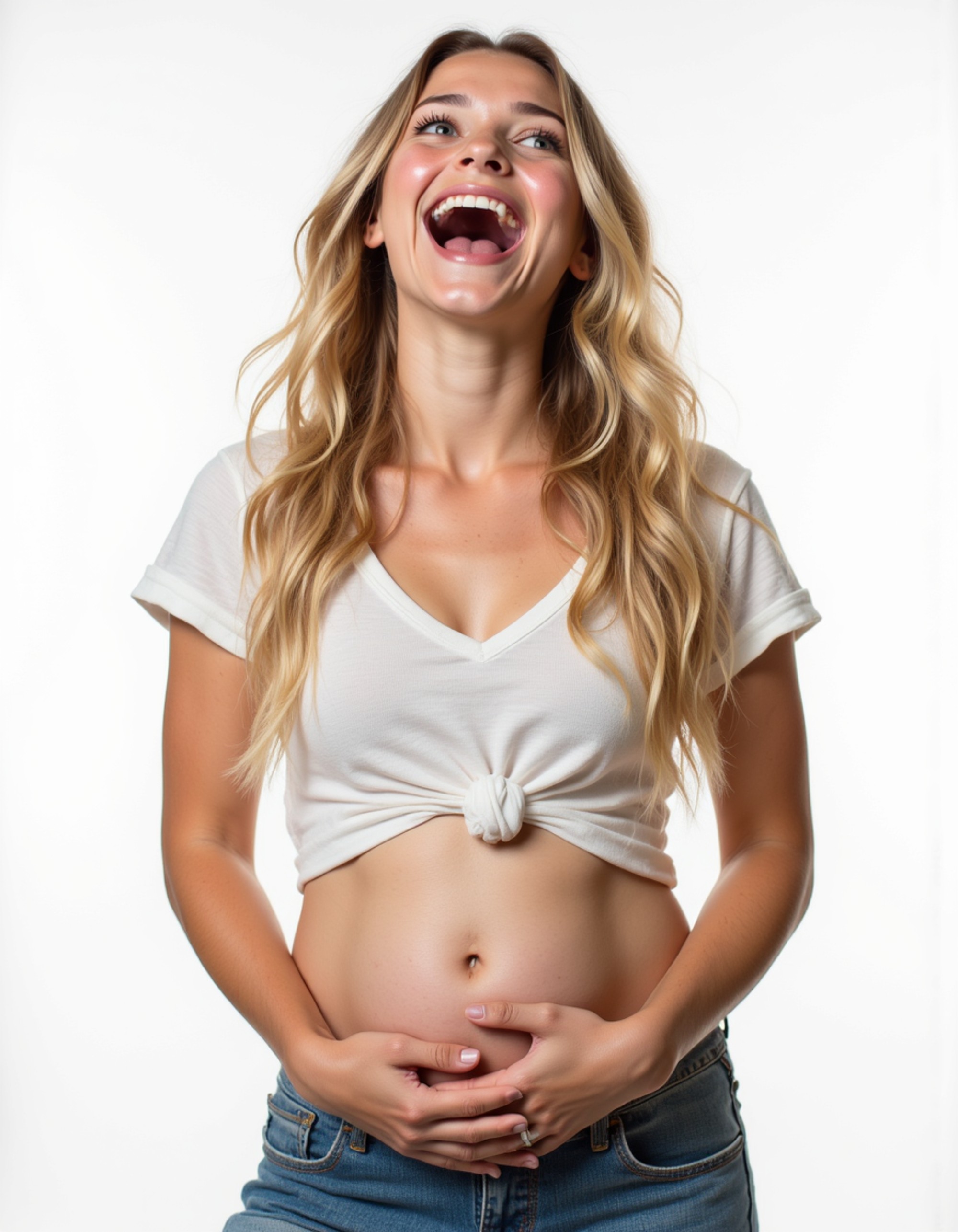 exaggerated laughing model holding stomach, head tilted back, mouth wide open, blank background