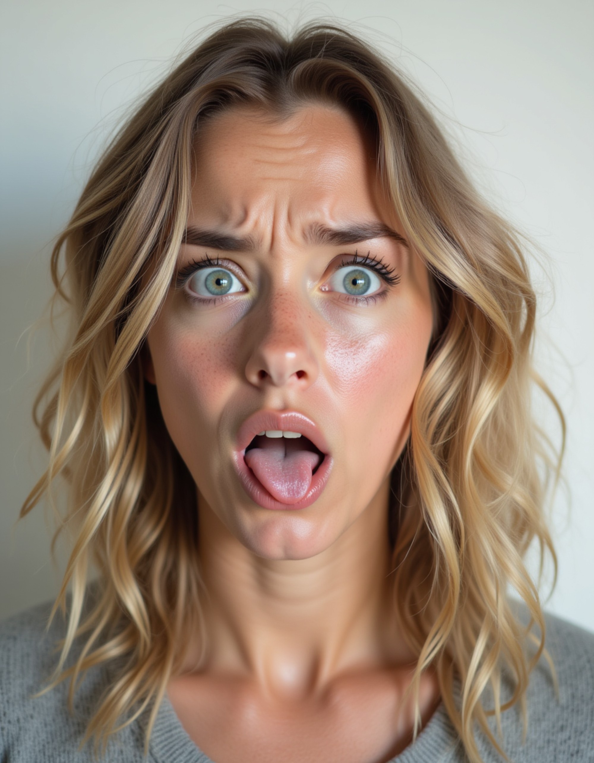 model with exaggerated disgusted face, tongue sticking out, nose wrinkled, blank background