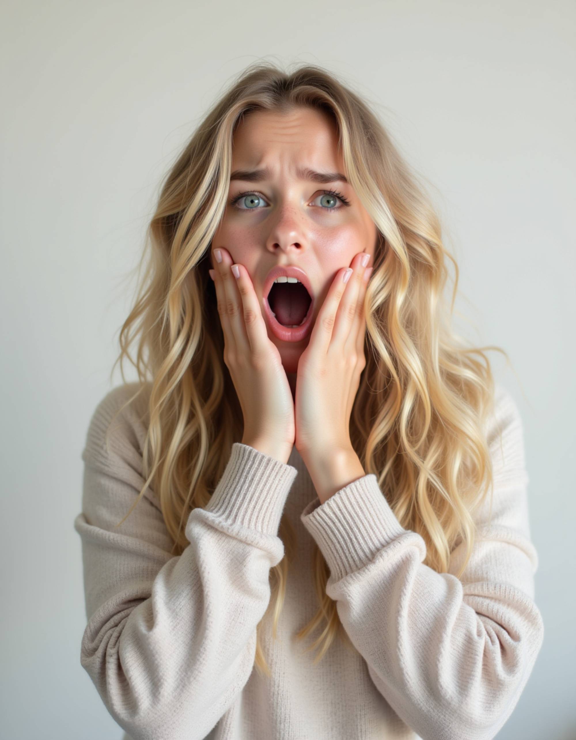 model with exaggerated sleepy tired expression, rubbing eyes with hands, yawning, blank background
