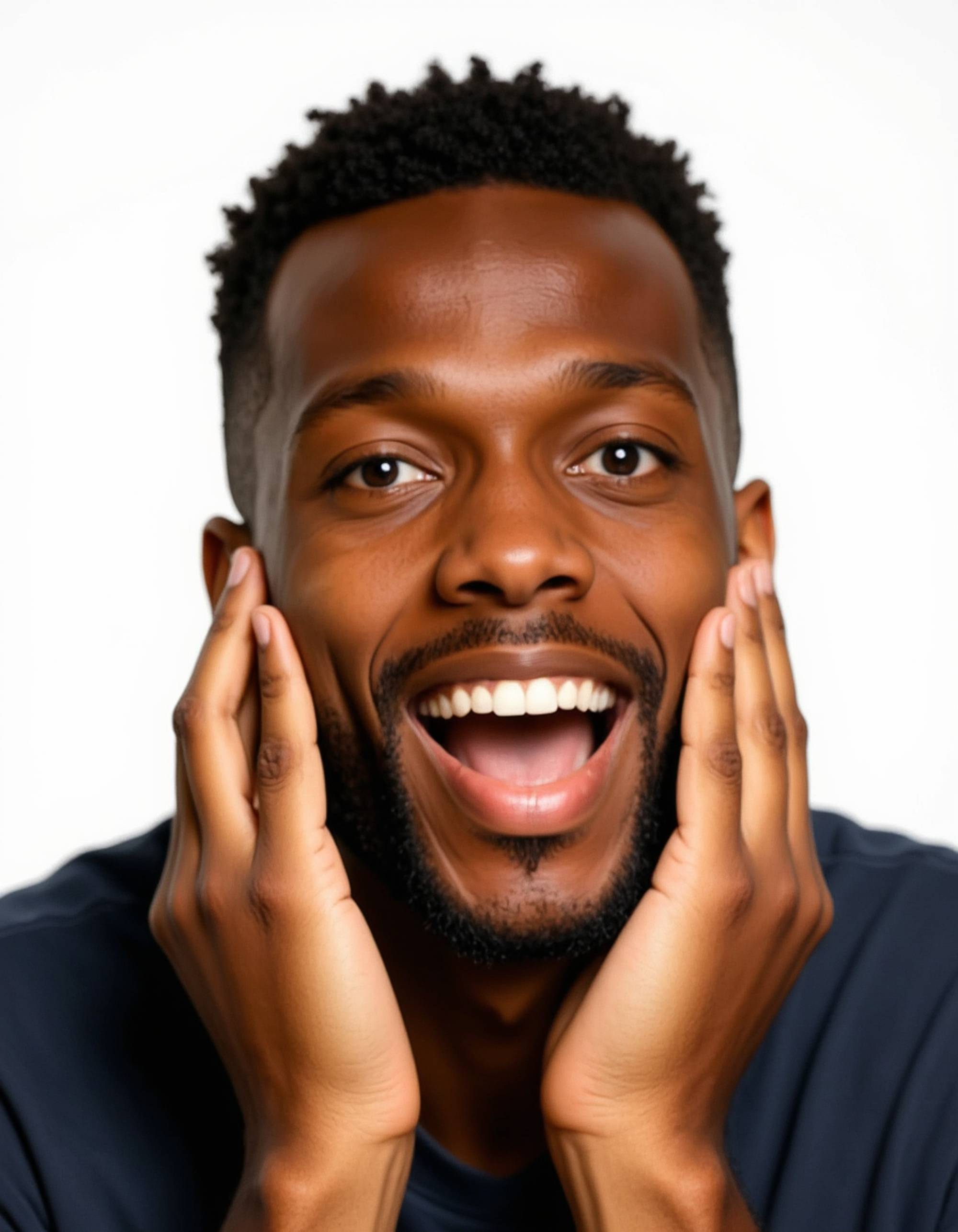 model with exaggerated shocked face, both hands on cheeks, mouth forming perfect O shape, blank background