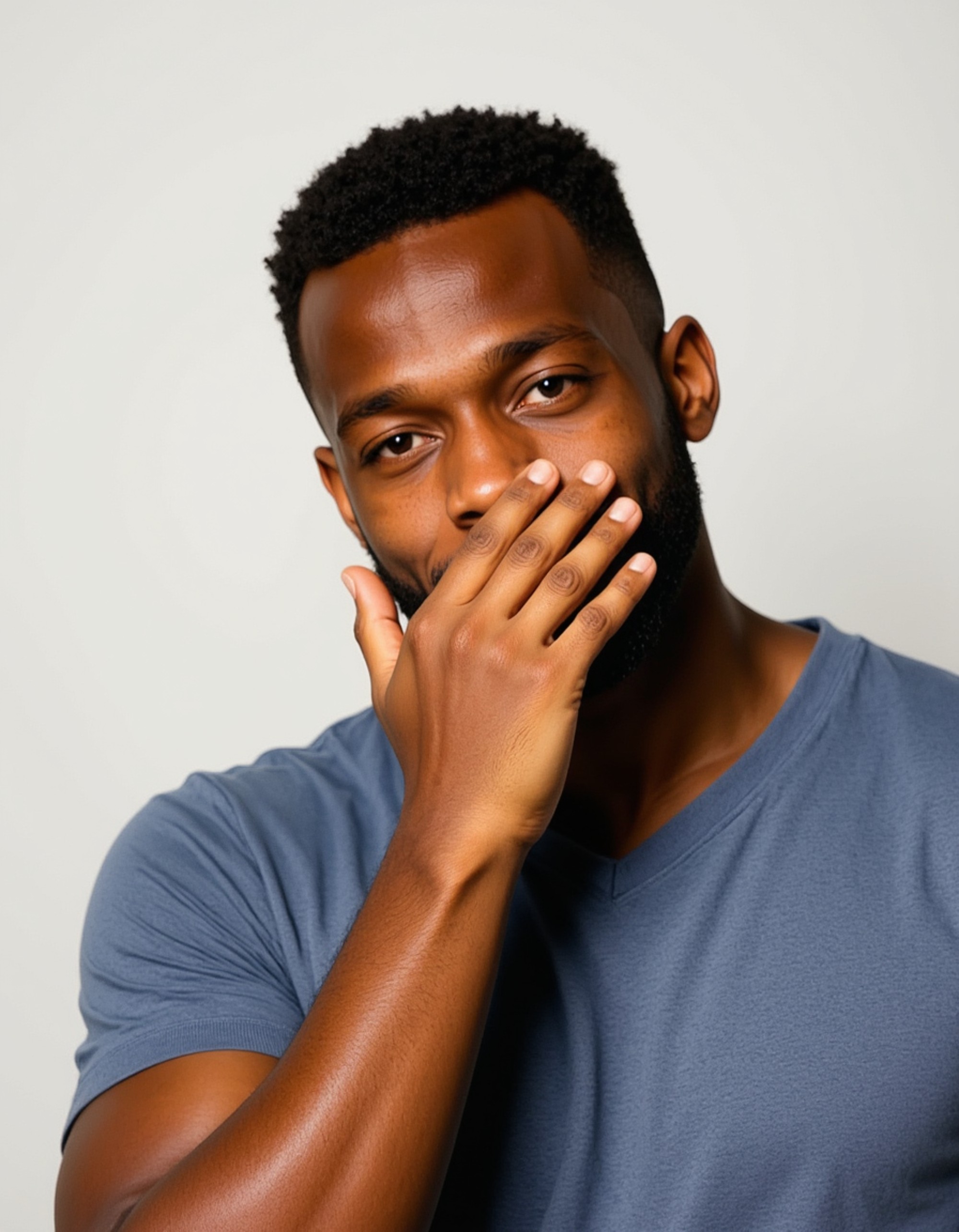 model with dramatic facepalm gesture, hand covering entire face, exaggerated embarrassed expression, blank background