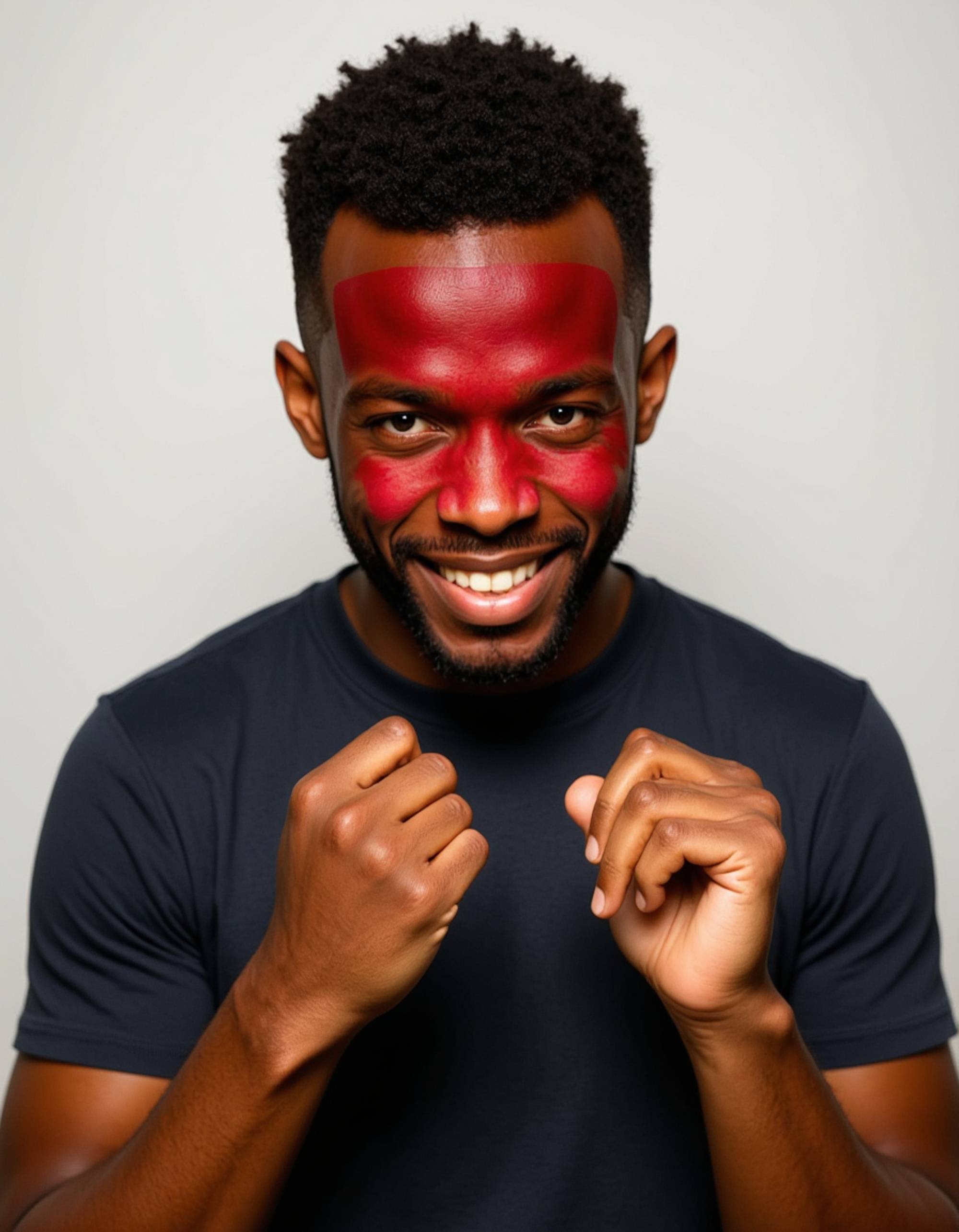 exaggerated angry model with clenched fists, red face, steam coming from ears, blank background