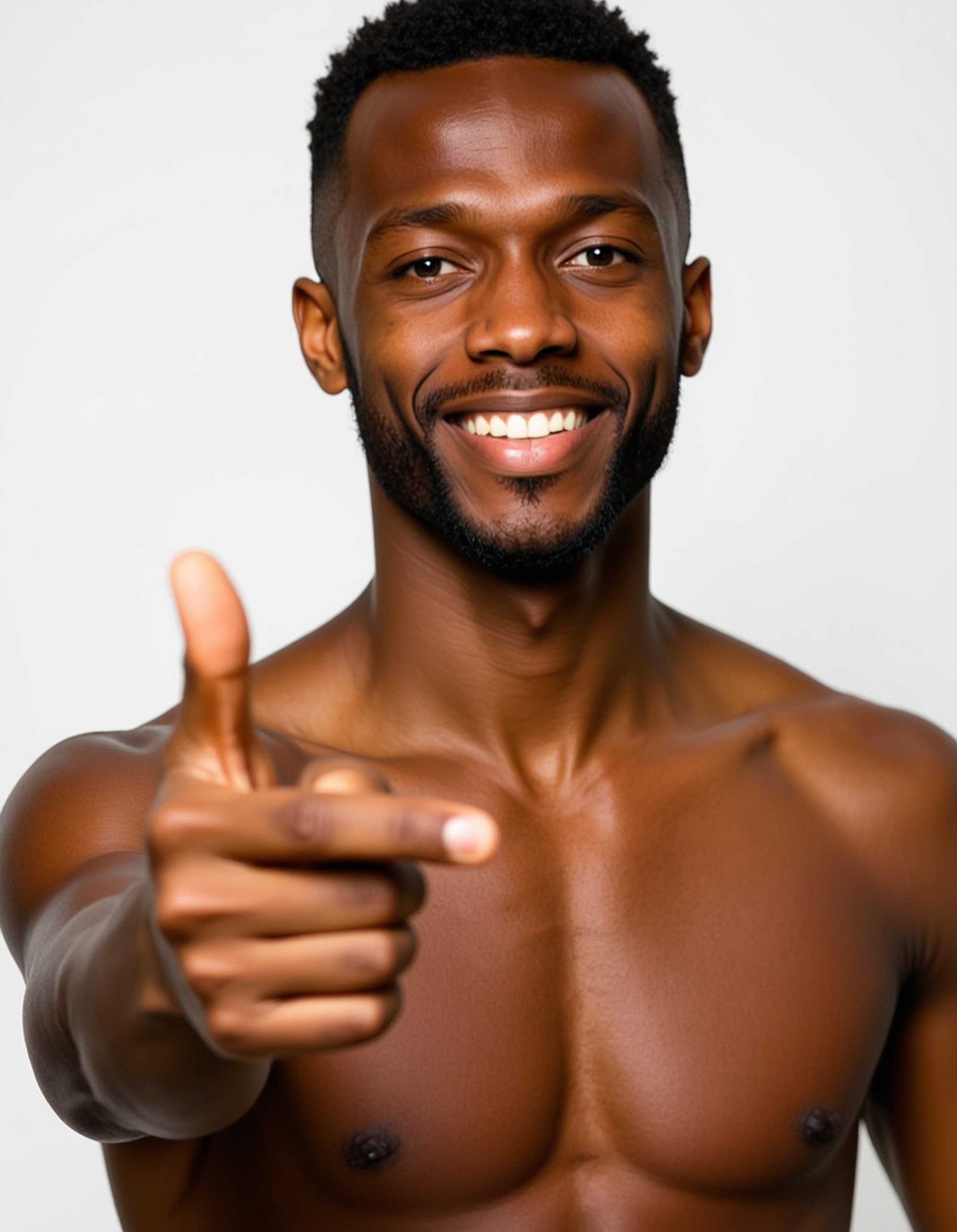 model with exaggerated winking face, finger guns pointing at camera, confident smirk, blank background