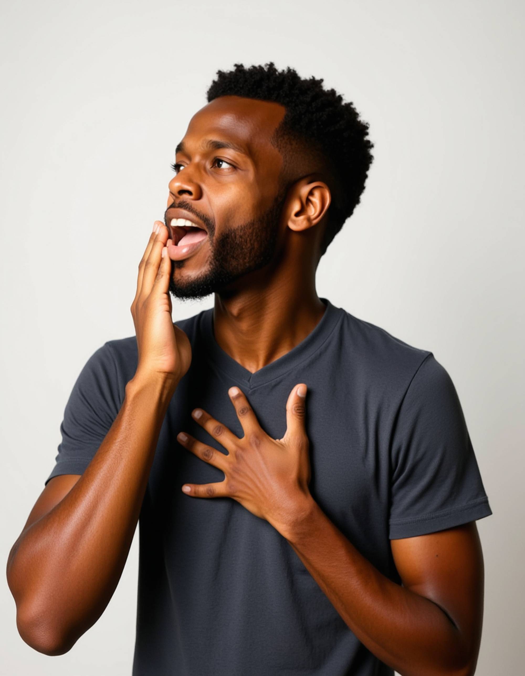 model with dramatic gasping expression, hand over heart, eyes bulging with surprise, blank background
