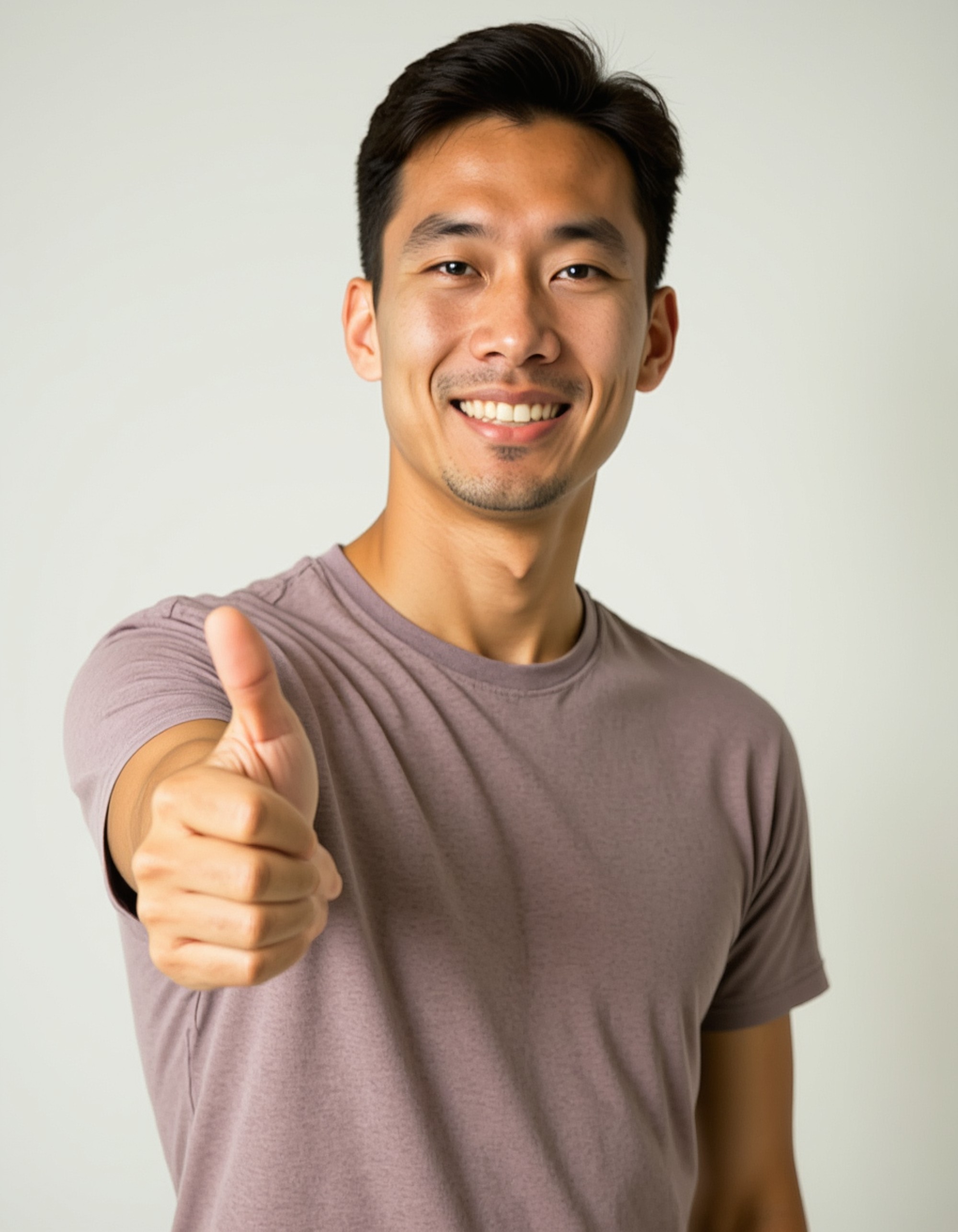 exaggerated happy model with huge grin, thumbs up gesture, sparkles in eyes, blank background