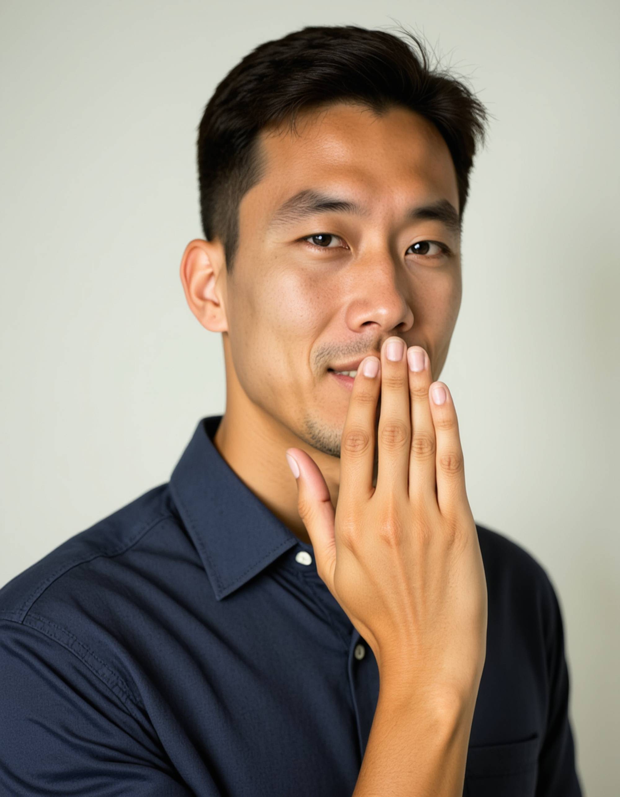 model with dramatic whispering pose, hand cupped around mouth, secretive wide eyes, blank background