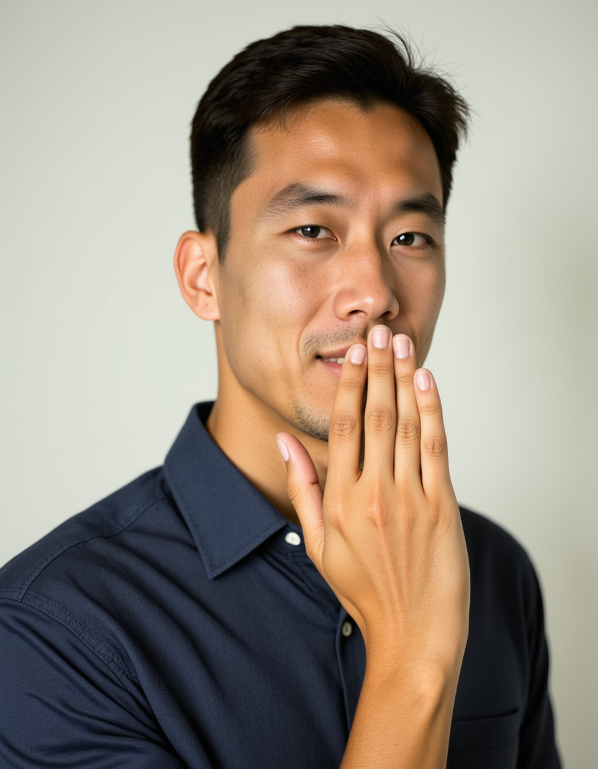 model with dramatic whispering pose, hand cupped around mouth, secretive wide eyes, blank background