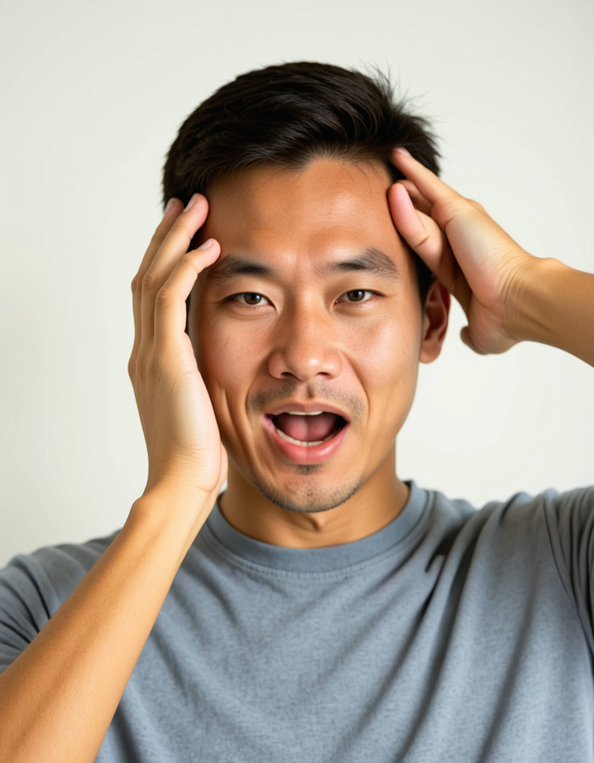 model with exaggerated mind blown expression, hands on sides of head, mouth agape, blank background