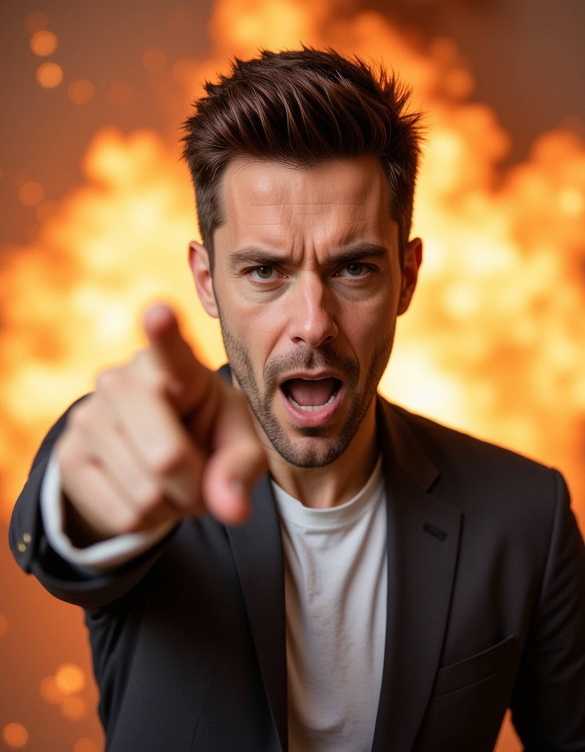 model making dramatic pointing gesture with angry expression, explosive burst background with bright colors