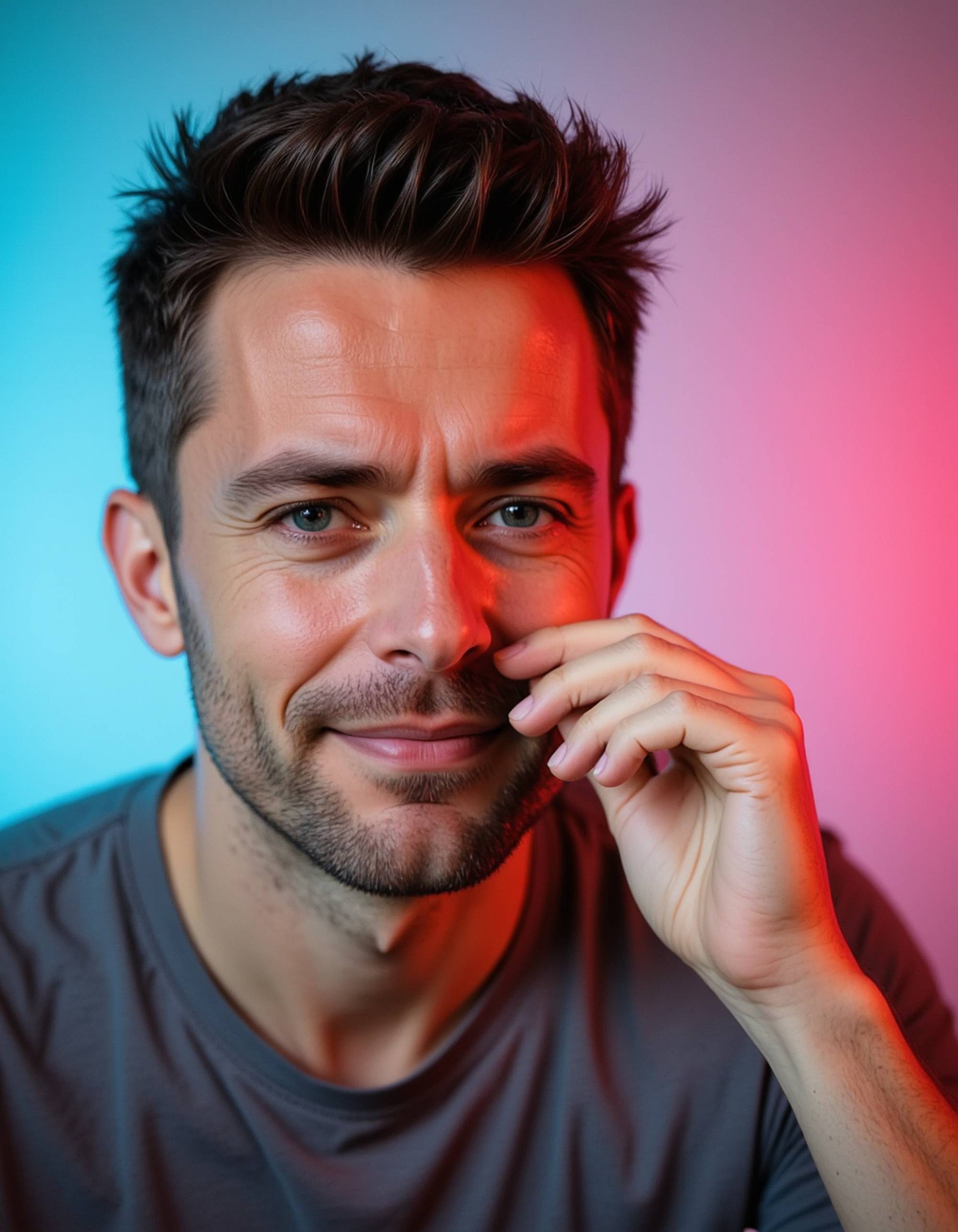 exaggerated laughing model wiping tears, gradient rainbow background with sparkle effects