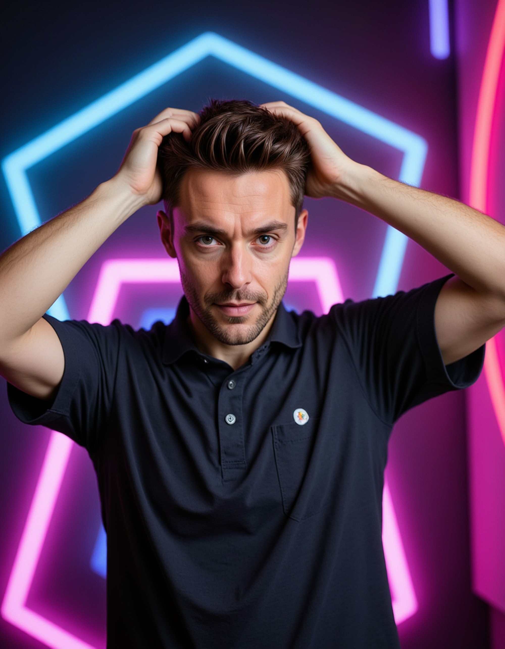 model with surprised wide eyes and hands on head, neon glow background with geometric shapes