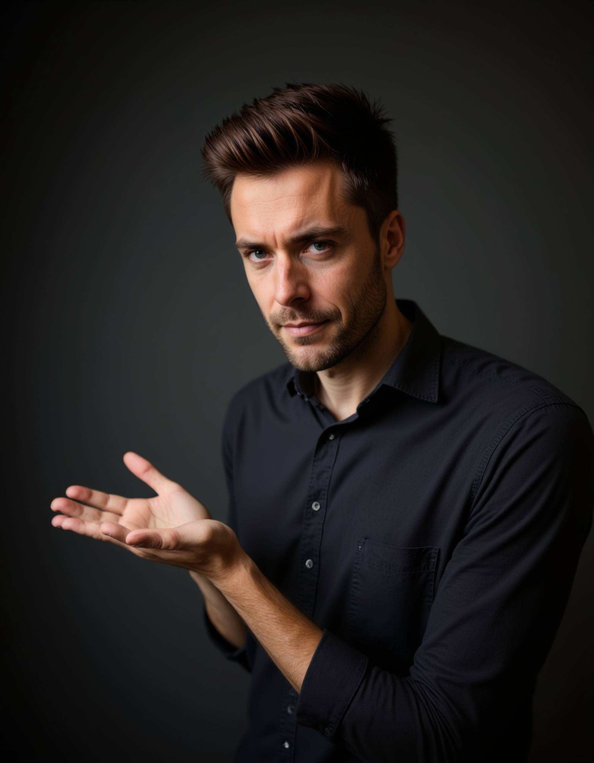 model with exaggerated disgusted face pushing away, smoky dark background with dramatic lighting