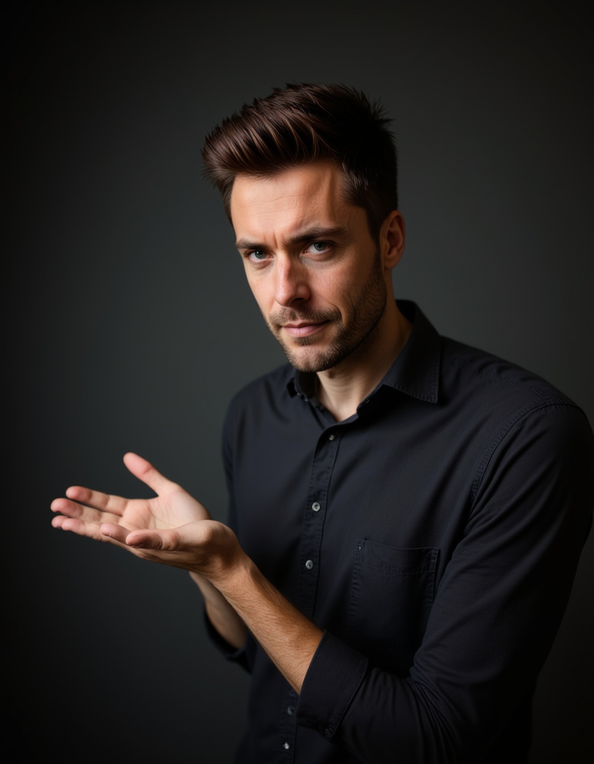 model with exaggerated disgusted face pushing away, smoky dark background with dramatic lighting