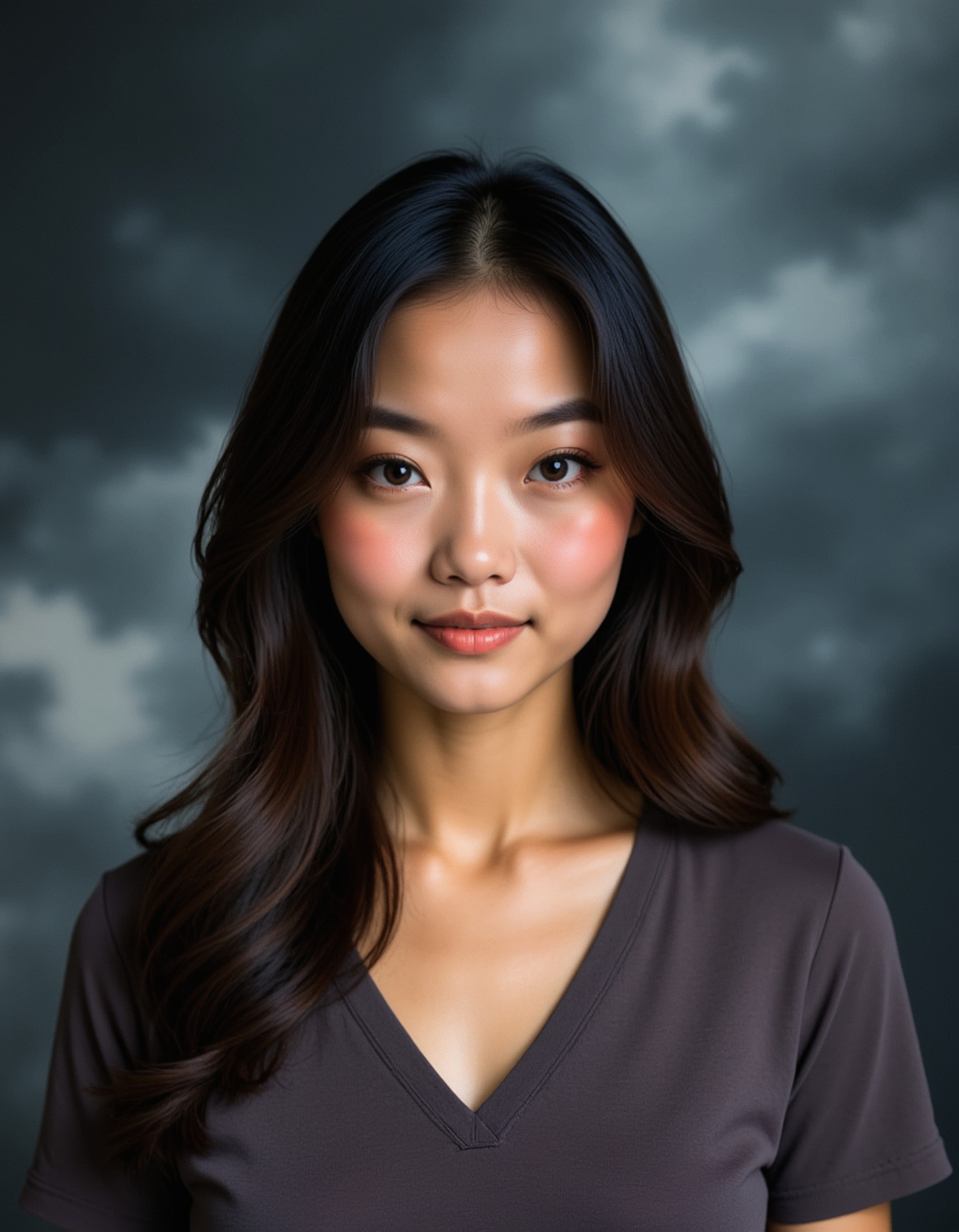 model with exaggerated worried expression biting lip, chaotic swirling vortex background with dark clouds