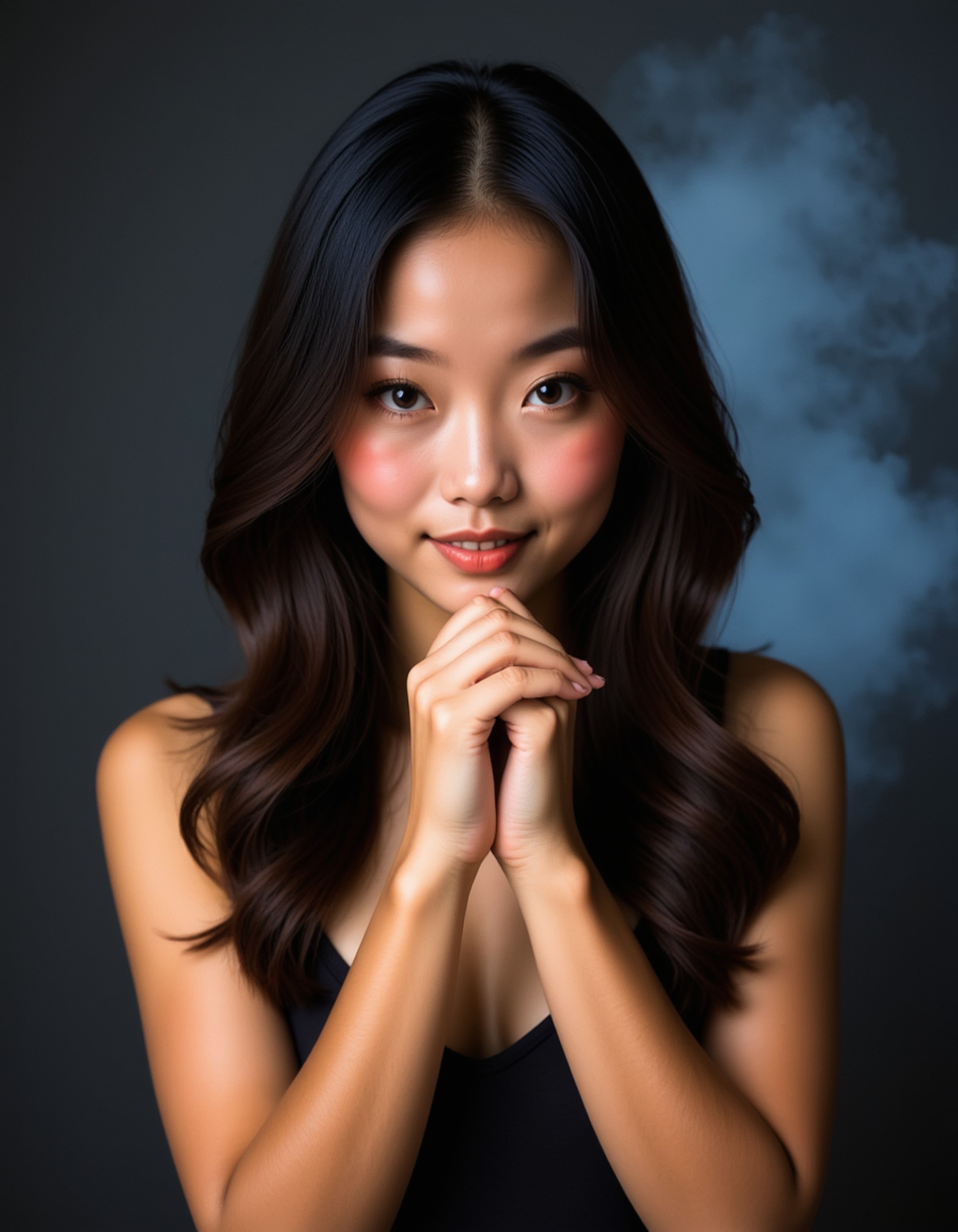 model making dramatic shushing gesture with wide eyes, mysterious fog background with glowing particles