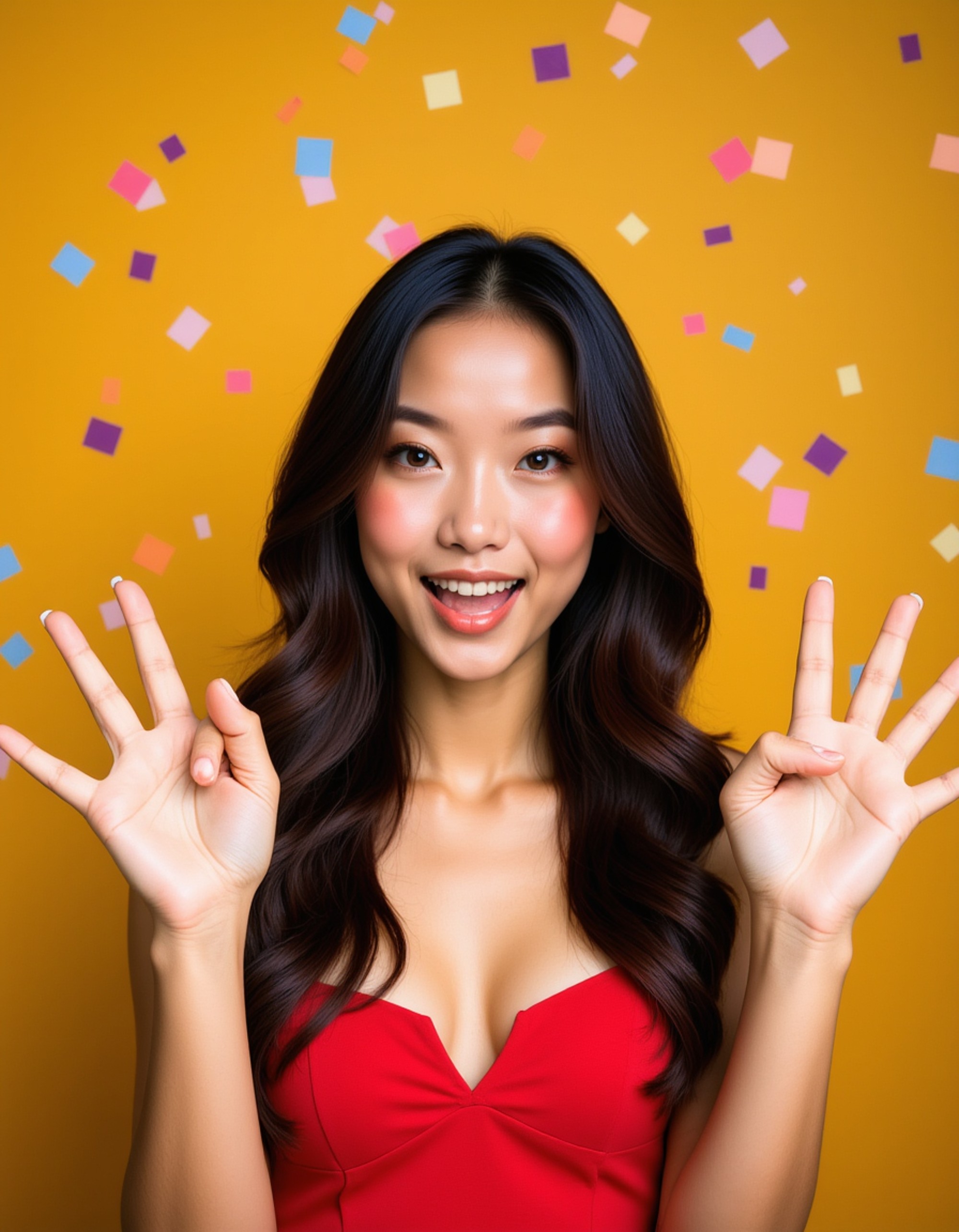 exaggerated excited model with jazz hands pose, vibrant confetti explosion background with party streamers